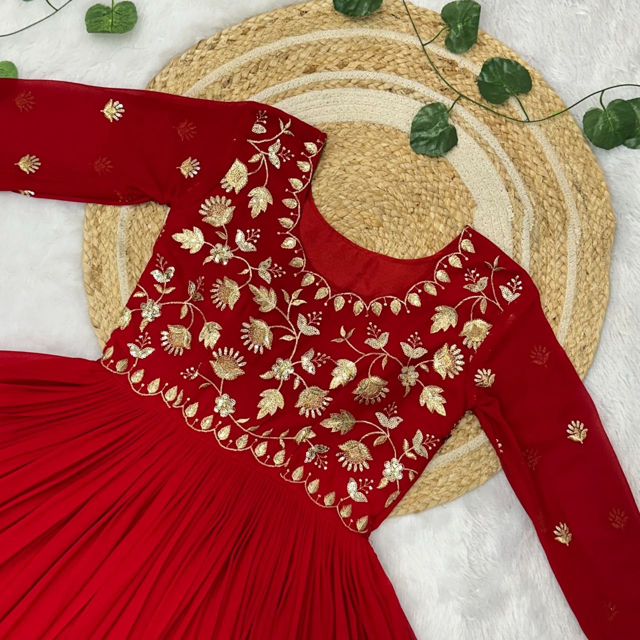 Rust Orange Georgette Embroidered Anarkali Gown with Full Sleeves