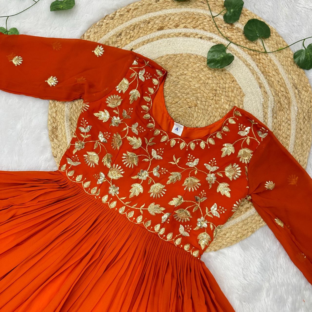 Rust Orange Georgette Embroidered Anarkali Gown with Full Sleeves