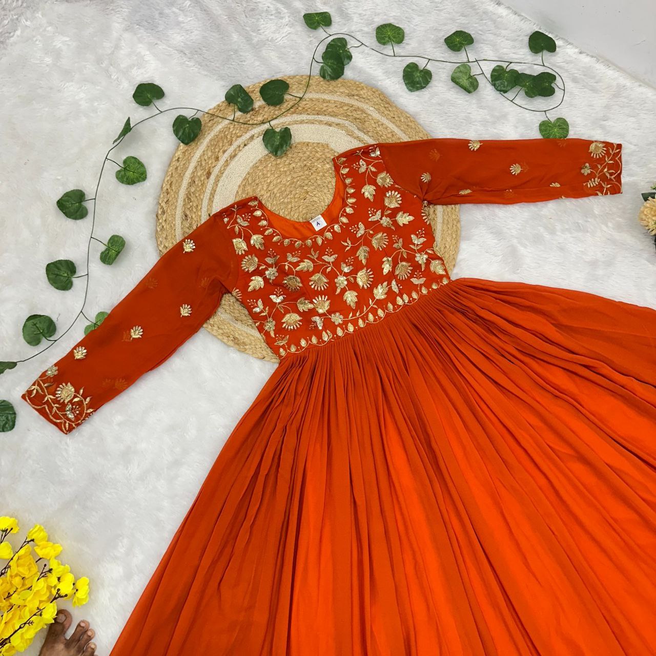 Rust Orange Georgette Embroidered Anarkali Gown with Full Sleeves