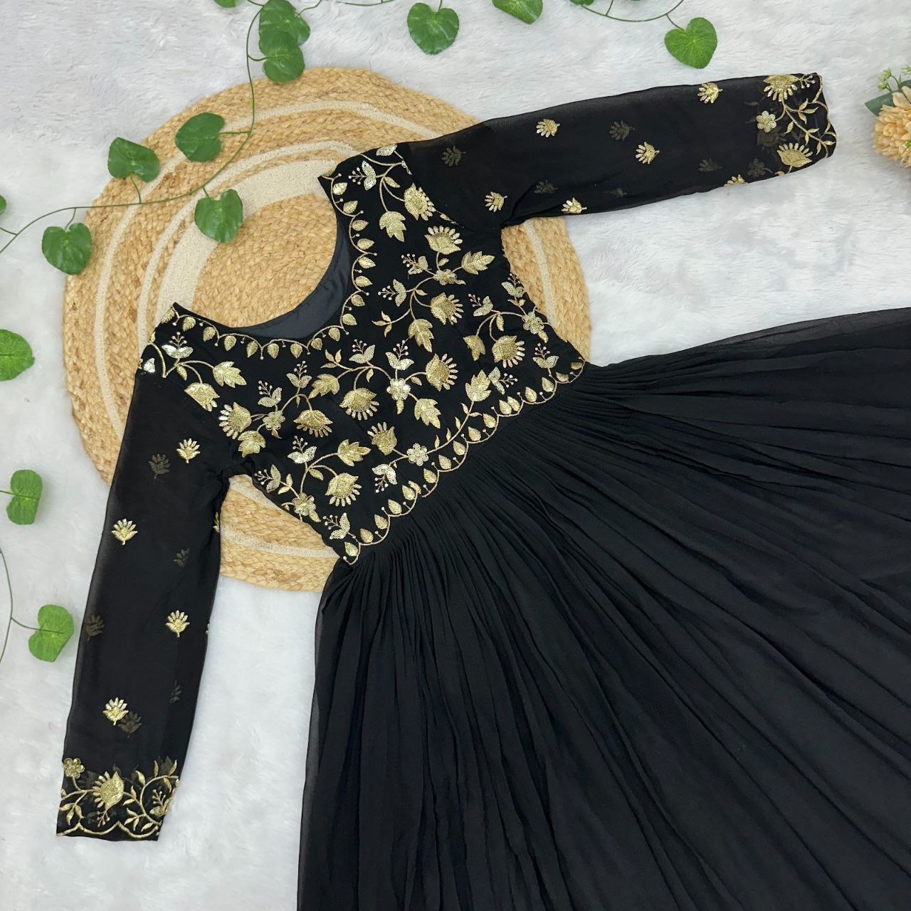 Rust Orange Georgette Embroidered Anarkali Gown with Full Sleeves