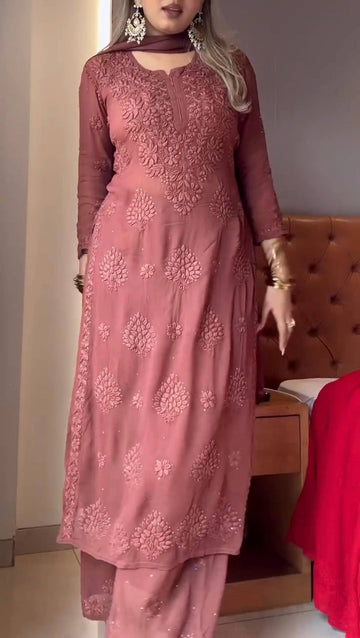 Dusty Rose Embroidered Suit Set with Matching Dupatta