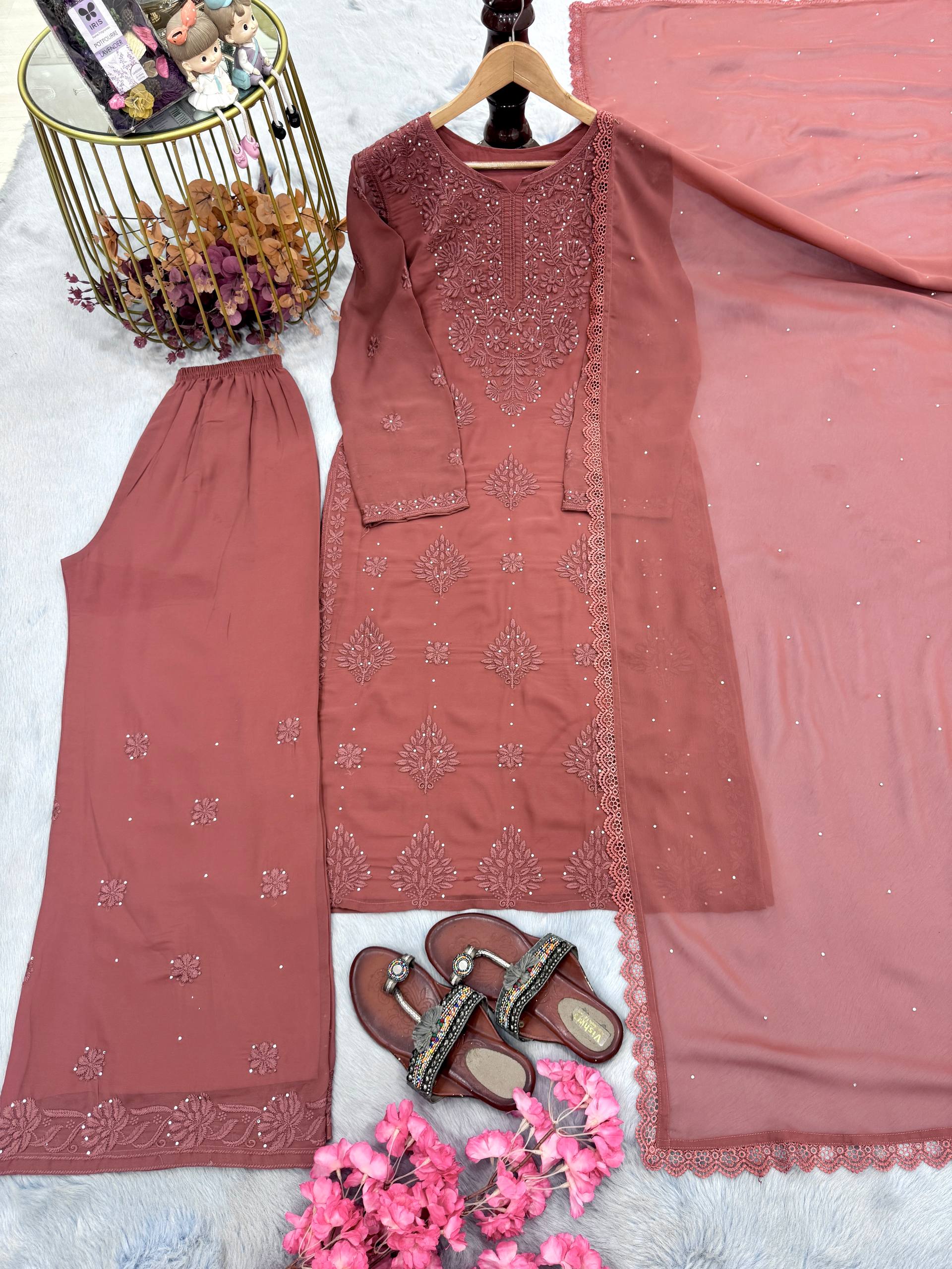 Dusty Rose Embroidered Suit Set with Matching Dupatta