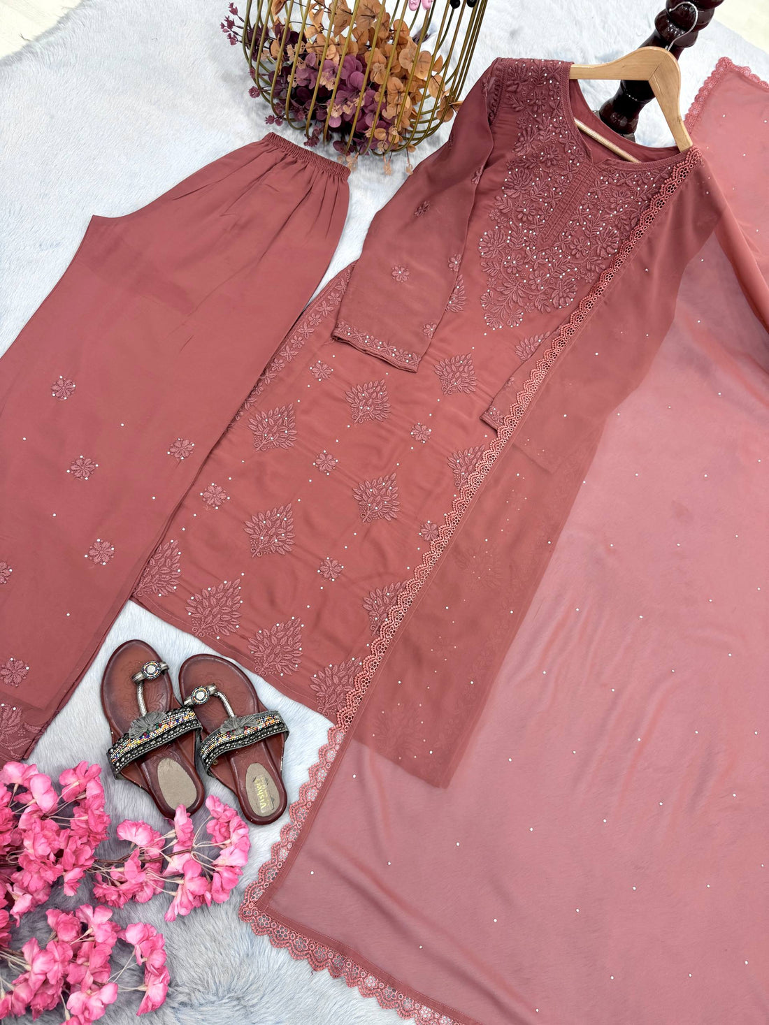 Dusty Rose Embroidered Suit Set with Matching Dupatta