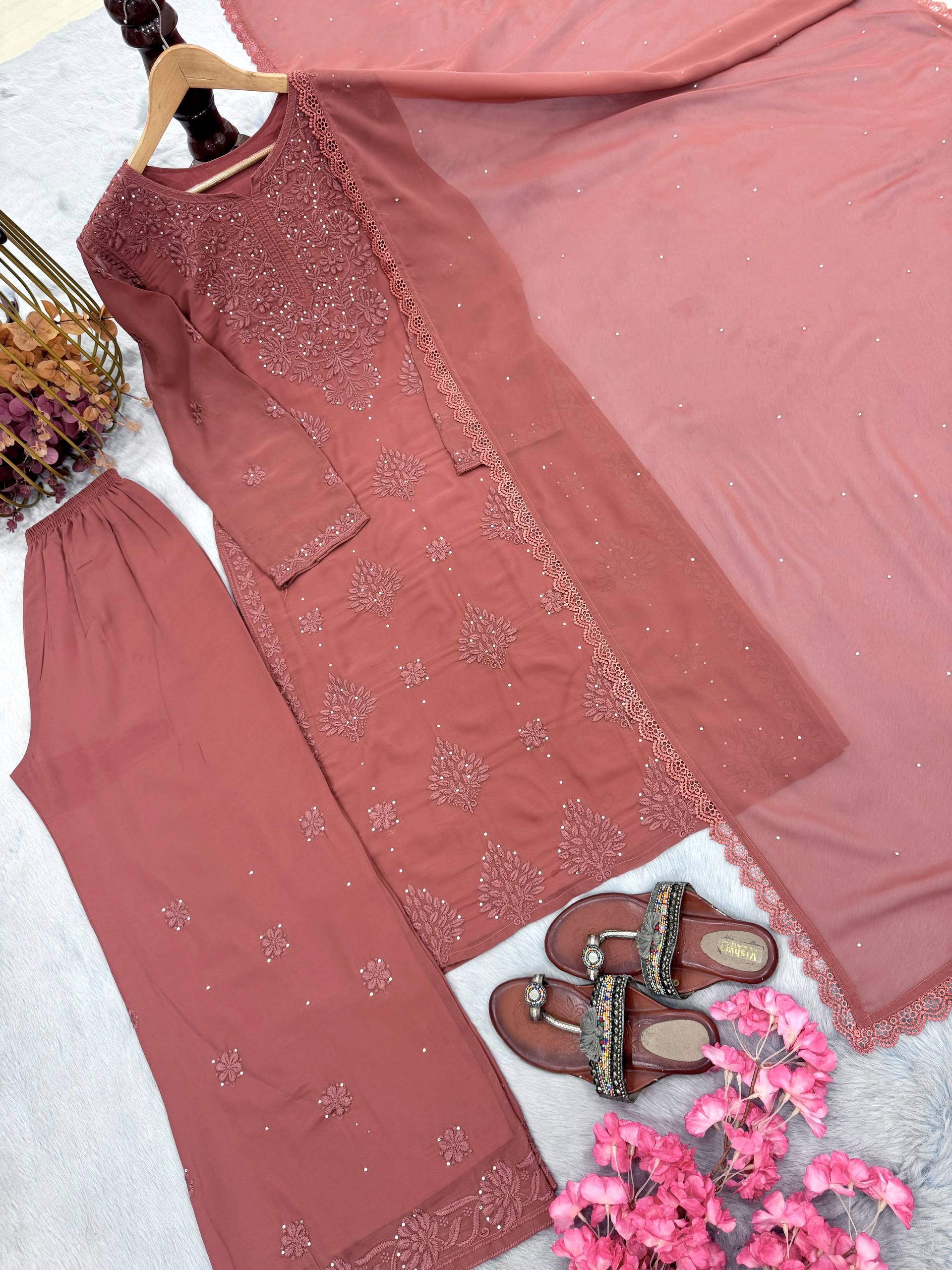 Dusty Rose Embroidered Suit Set with Matching Dupatta