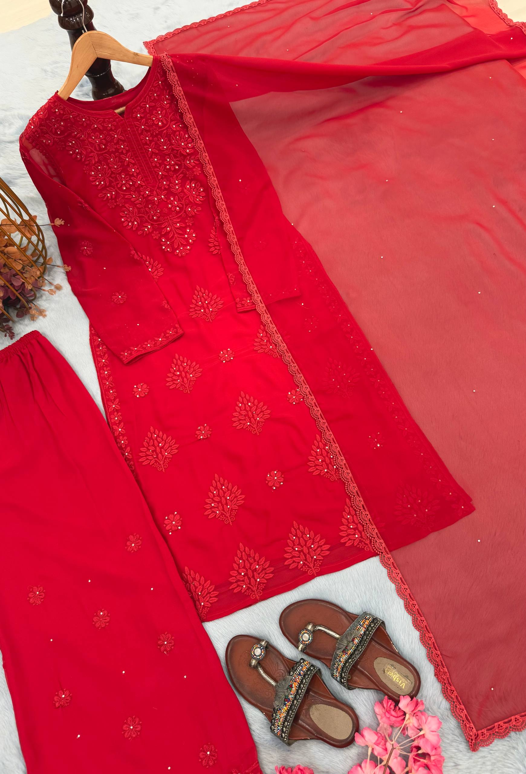 Dusty Rose Embroidered Suit Set with Matching Dupatta