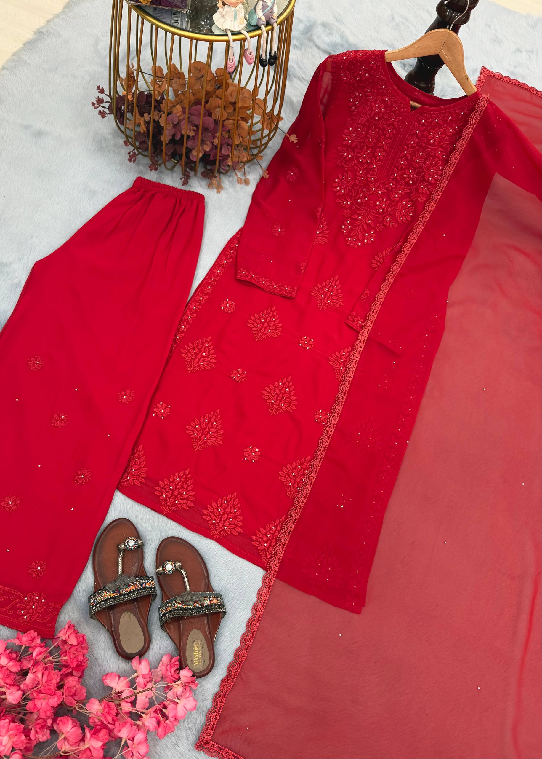 Dusty Rose Embroidered Suit Set with Matching Dupatta