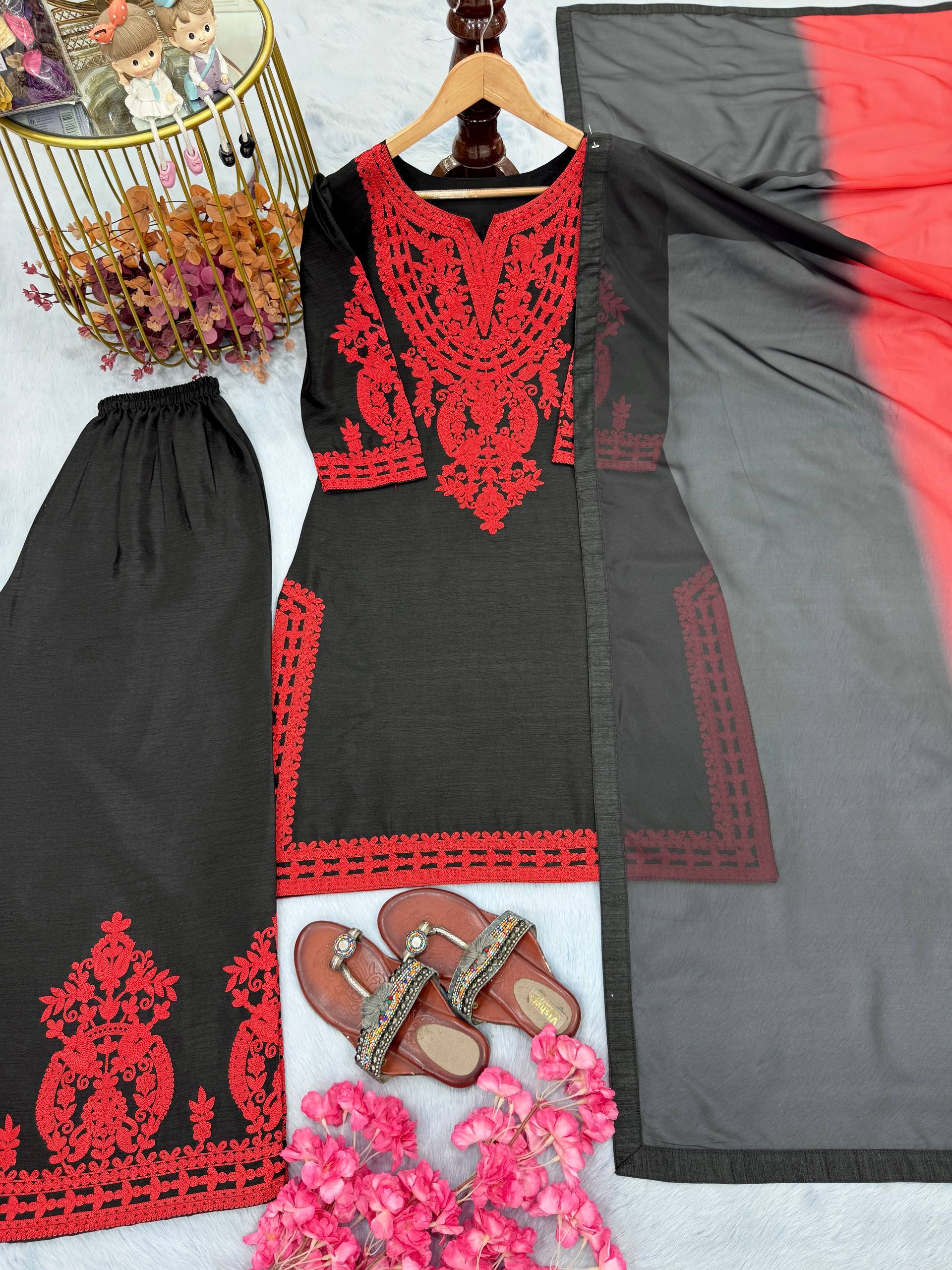 Black Luxe Embroidered Suit Set with Red Kashmiri Detailing