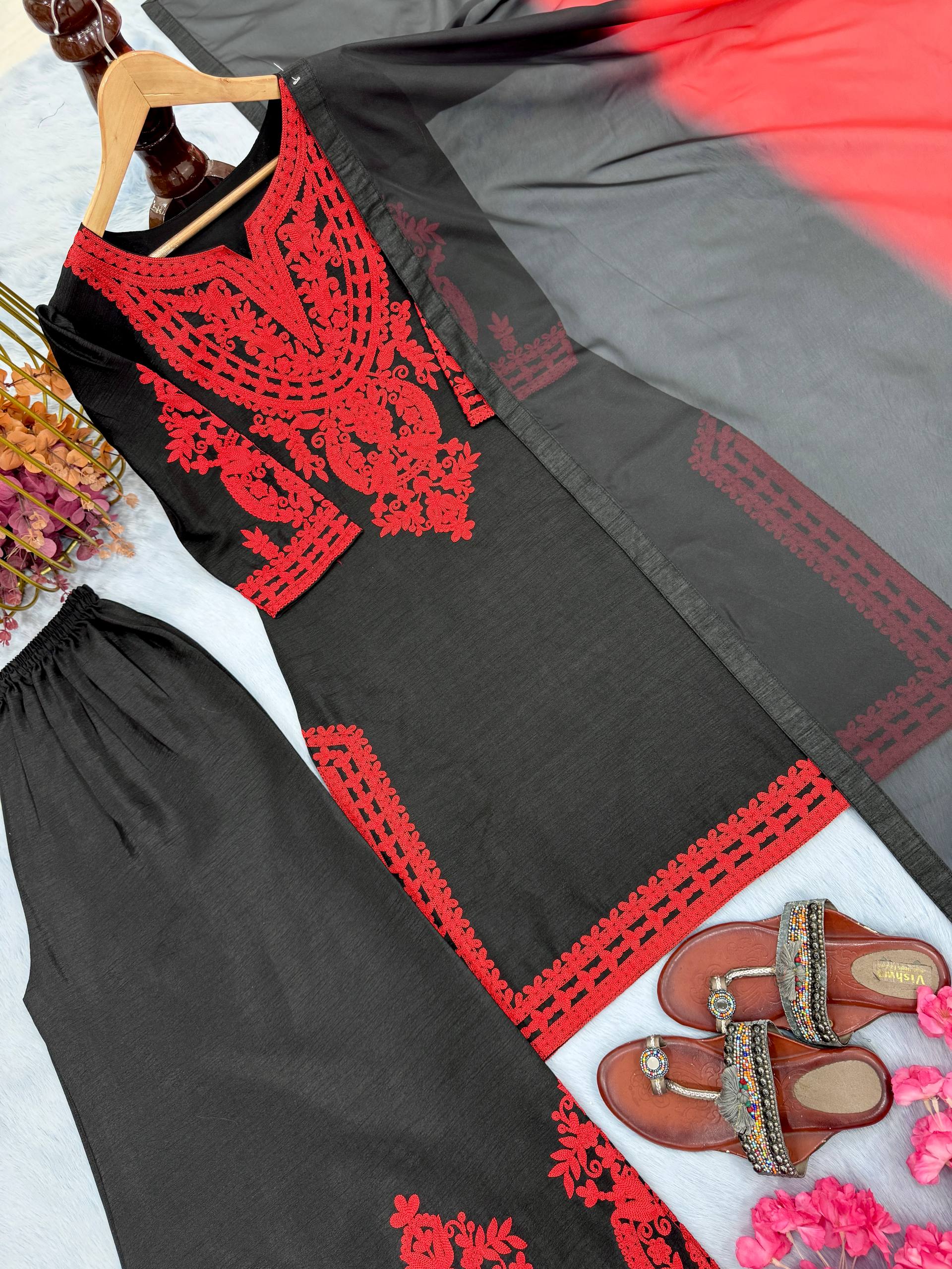 Black Luxe Embroidered Suit Set with Red Kashmiri Detailing
