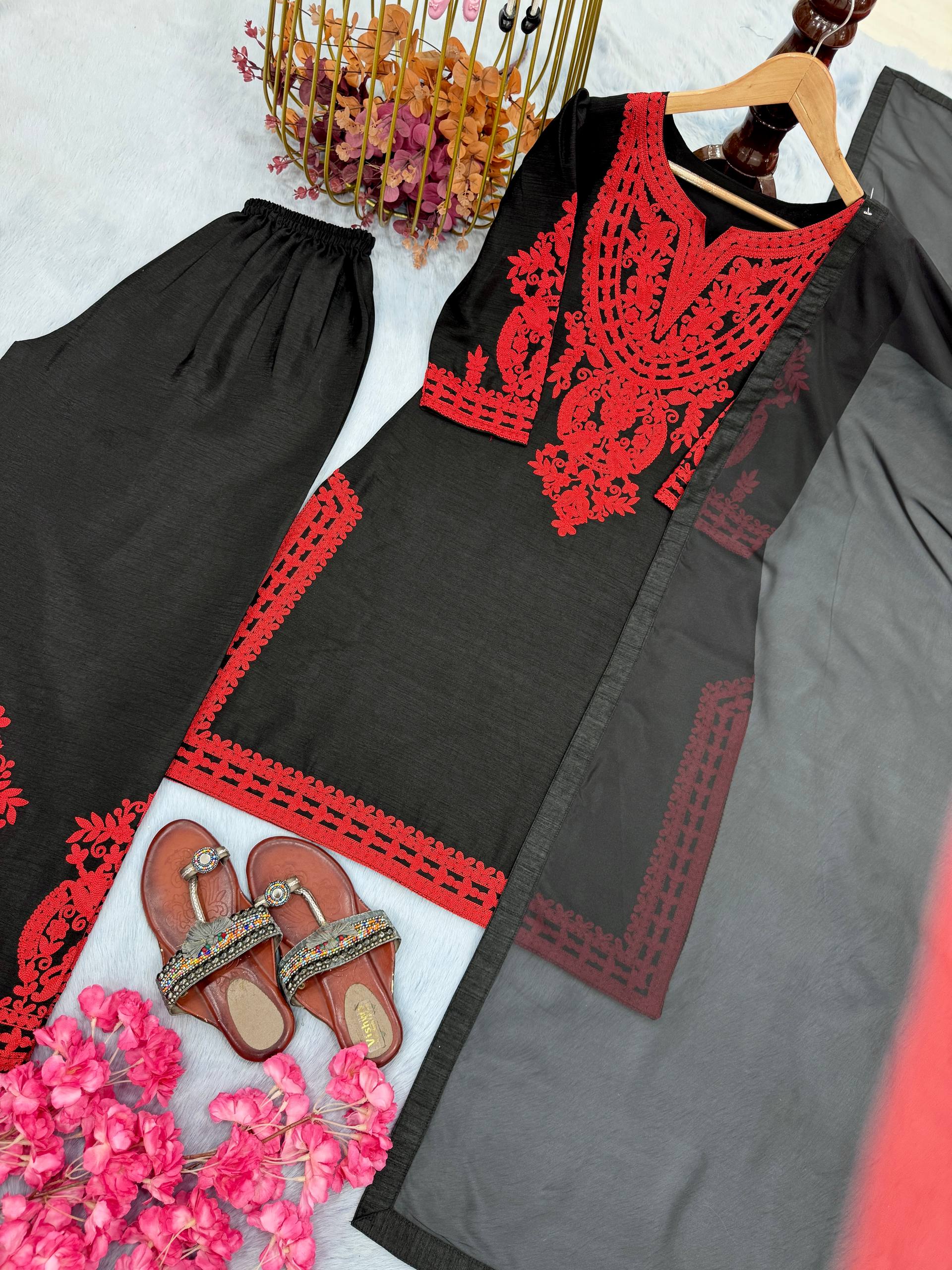 Black Luxe Embroidered Suit Set with Red Kashmiri Detailing