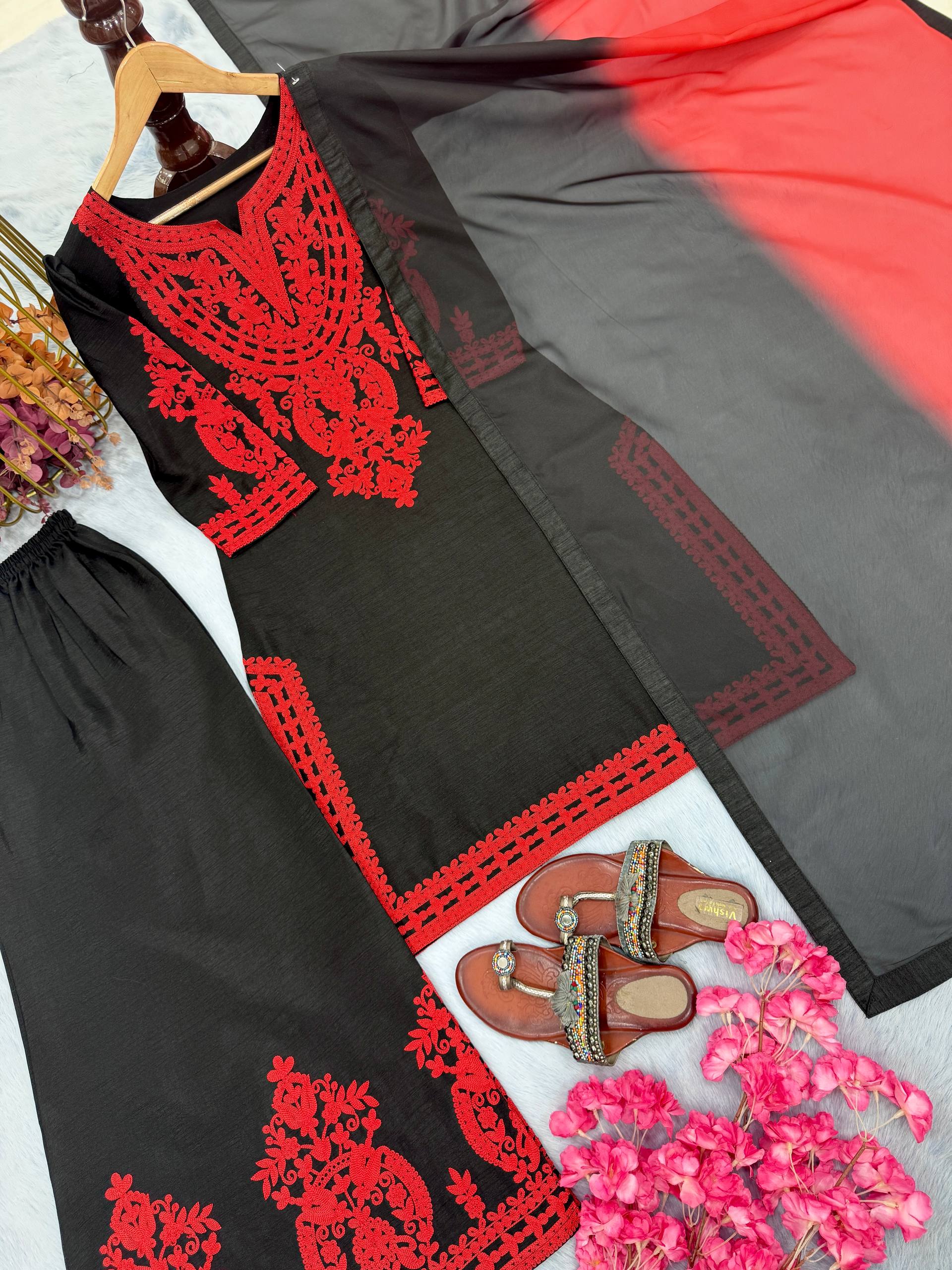 Black Luxe Embroidered Suit Set with Red Kashmiri Detailing