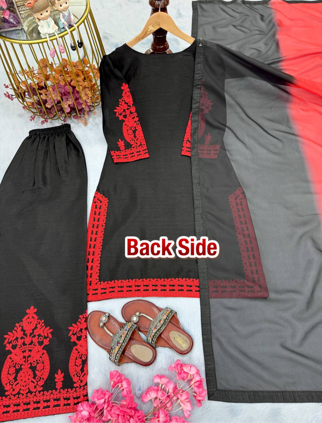 Black Luxe Embroidered Suit Set with Red Kashmiri Detailing