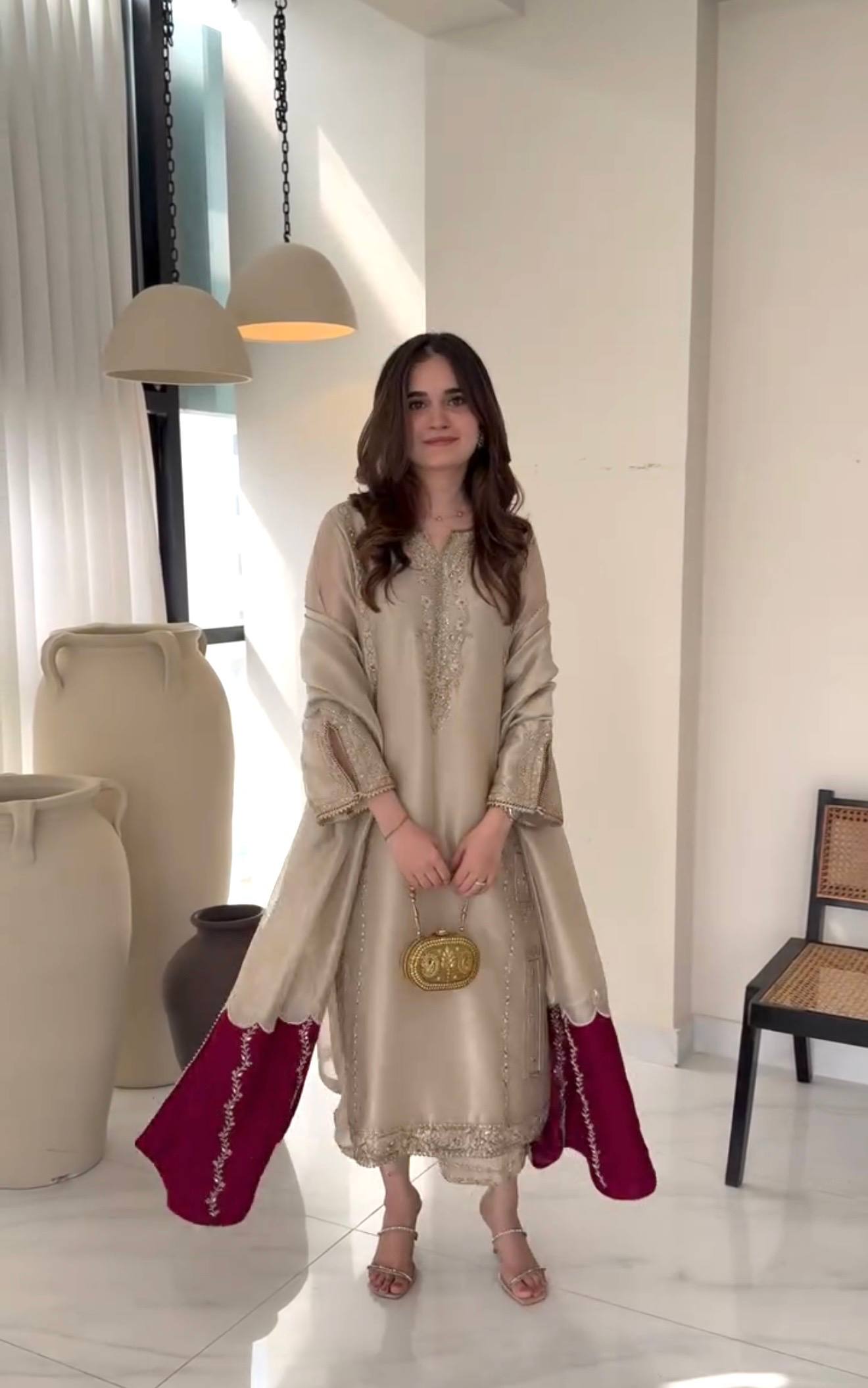 Luxury Champagne Embroidered Suit with Pink Contrast Panels