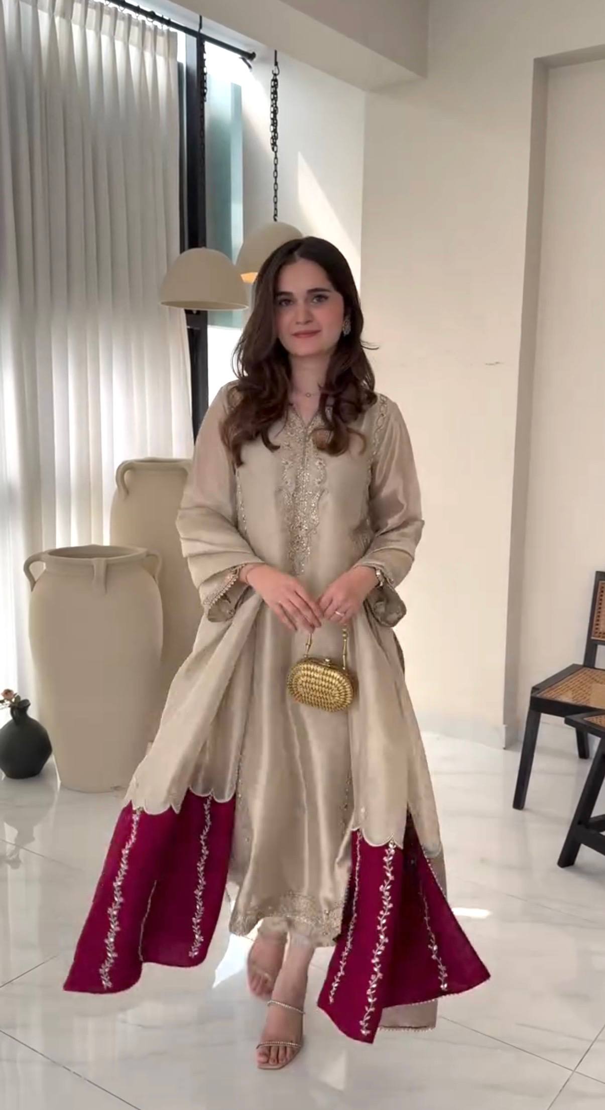 Luxury Champagne Embroidered Suit with Pink Contrast Panels