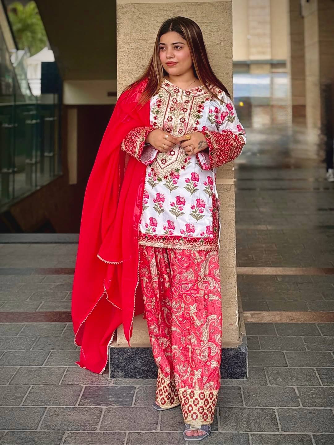 Red Blossom Embroidered Patiala Suit Set