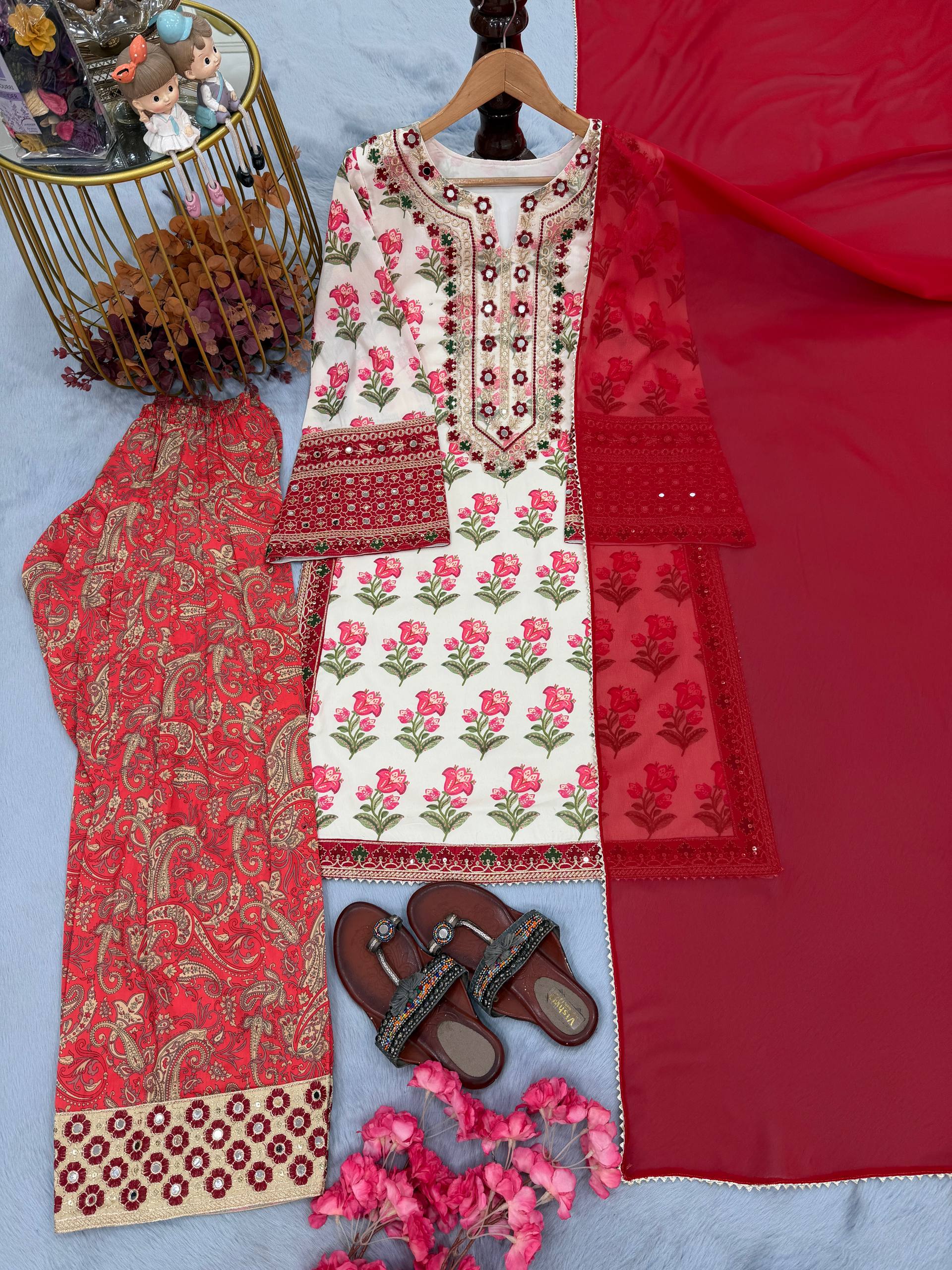 Red Blossom Embroidered Patiala Suit Set