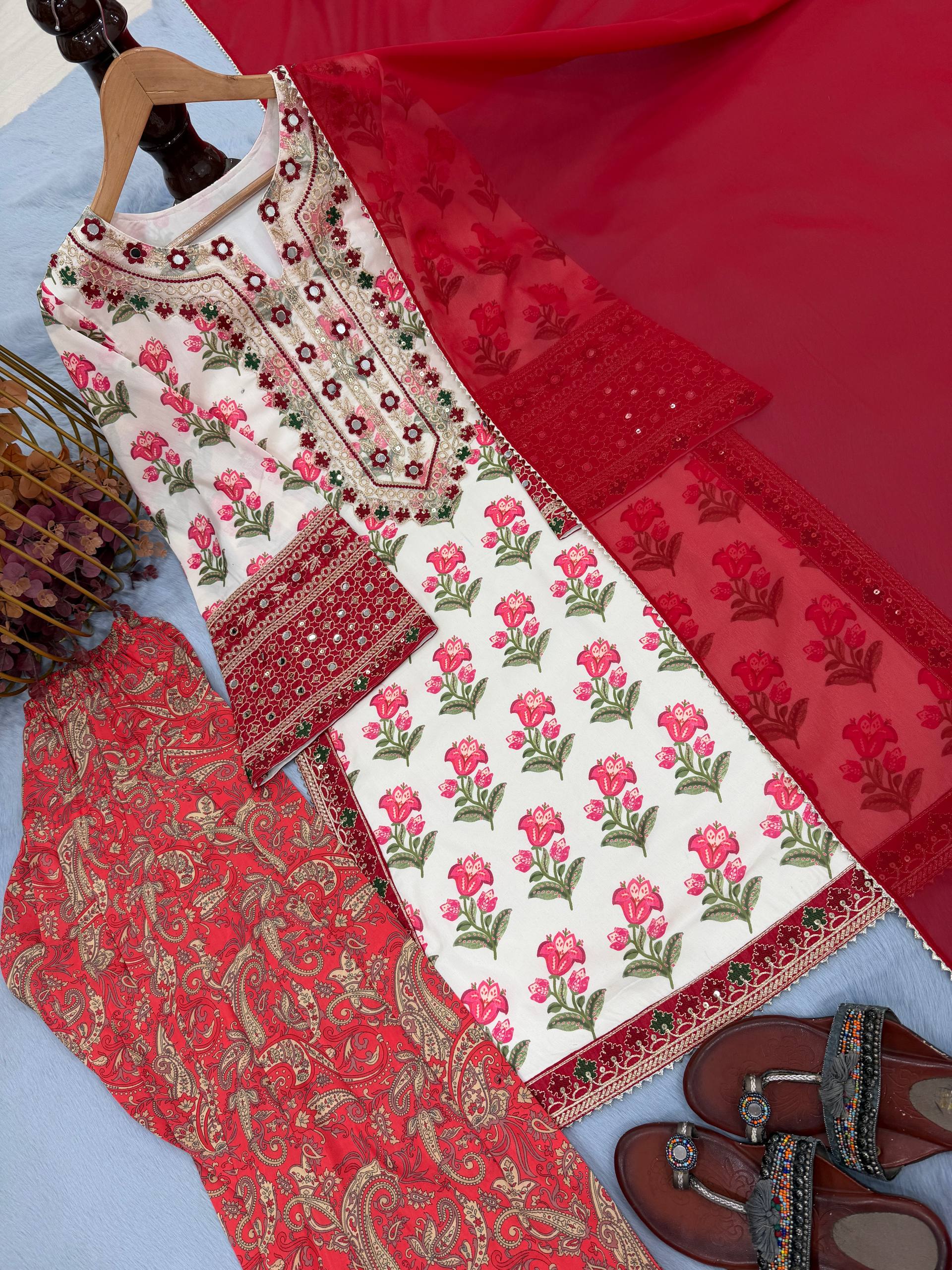 Red Blossom Embroidered Patiala Suit Set