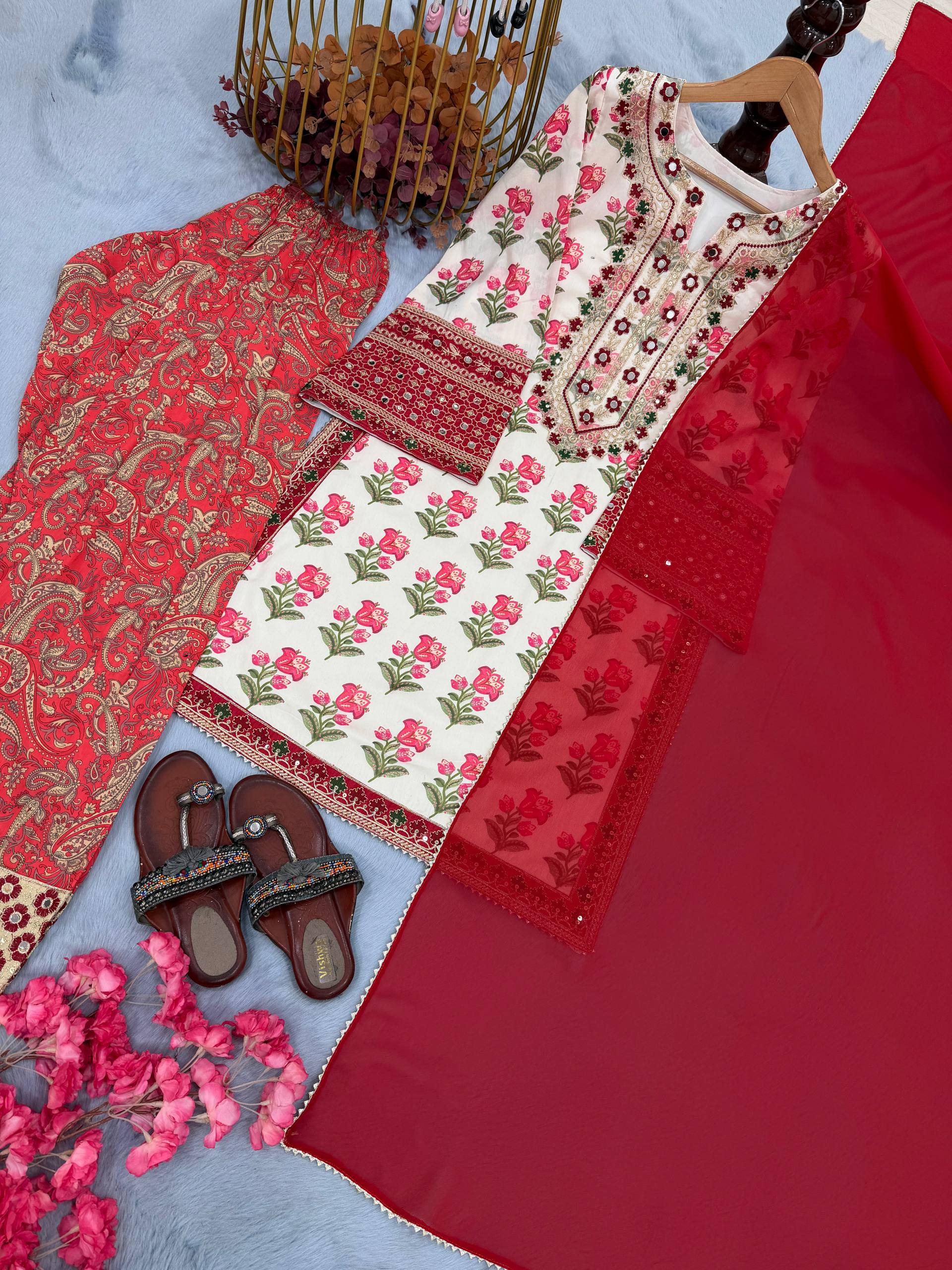Red Blossom Embroidered Patiala Suit Set