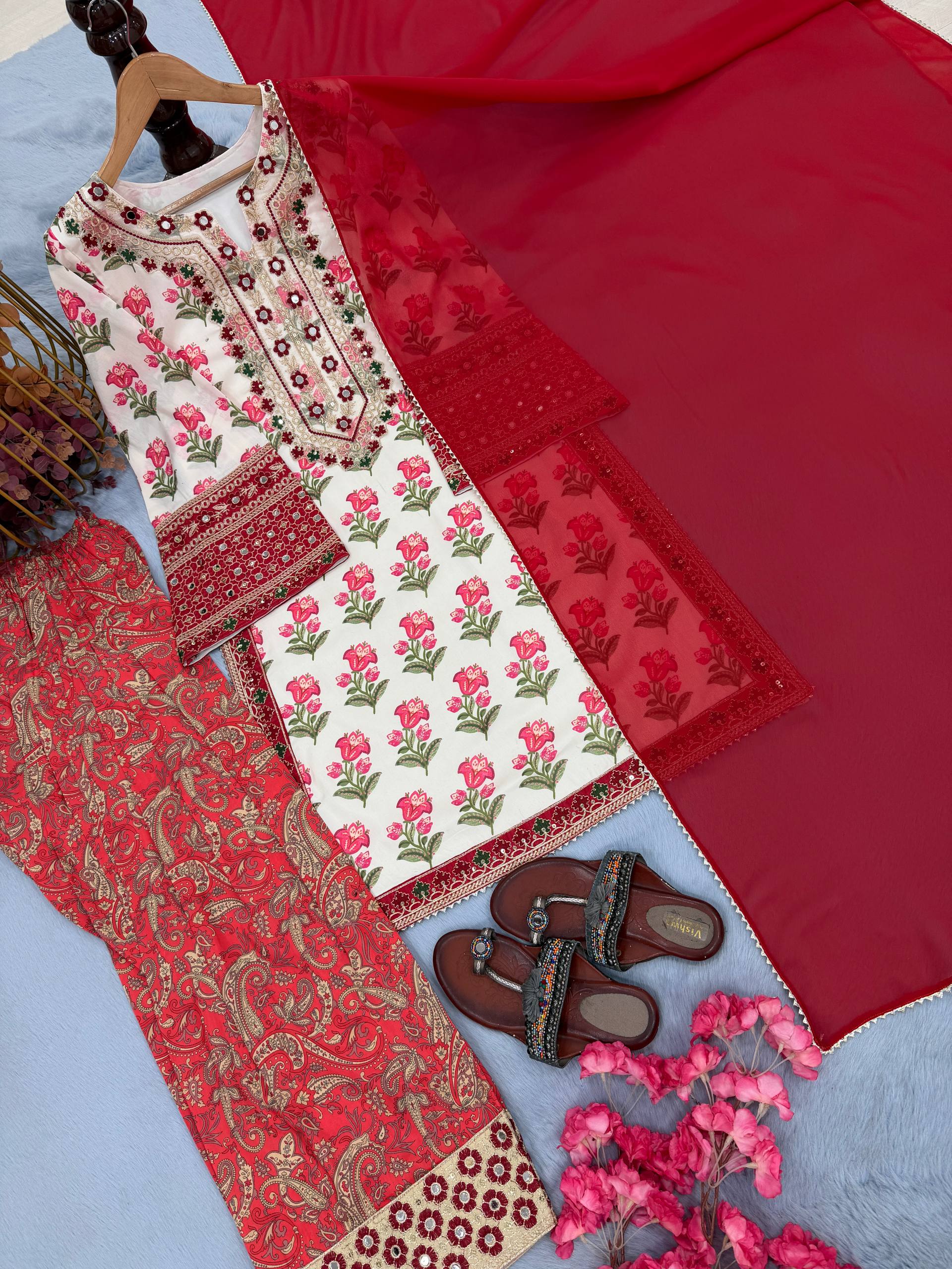 Red Blossom Embroidered Patiala Suit Set