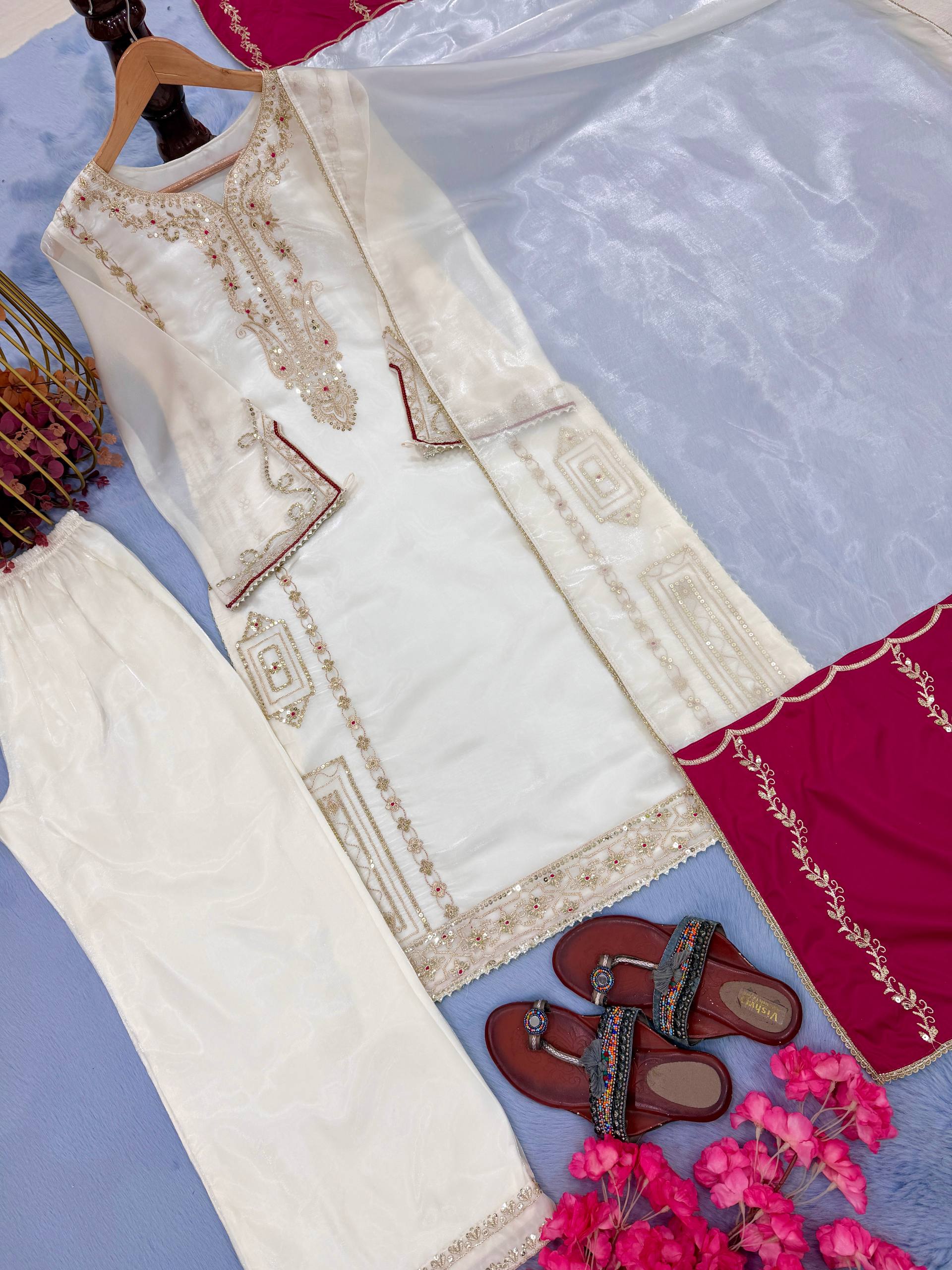 Luxury Champagne Embroidered Suit with Pink Contrast Panels