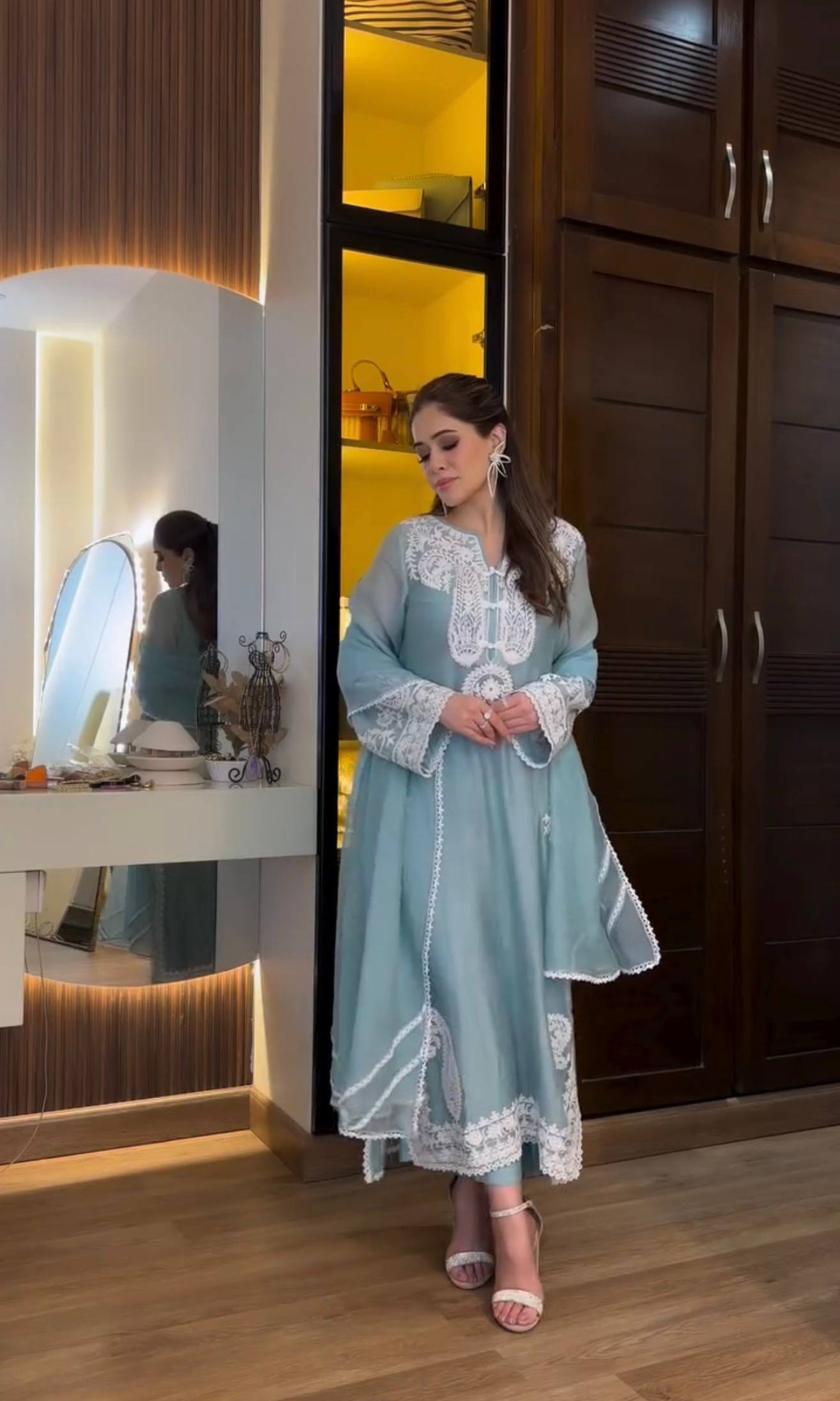 Pastel Blue Chikankari Embroidered Kurta Palazzo Set with Dupatta