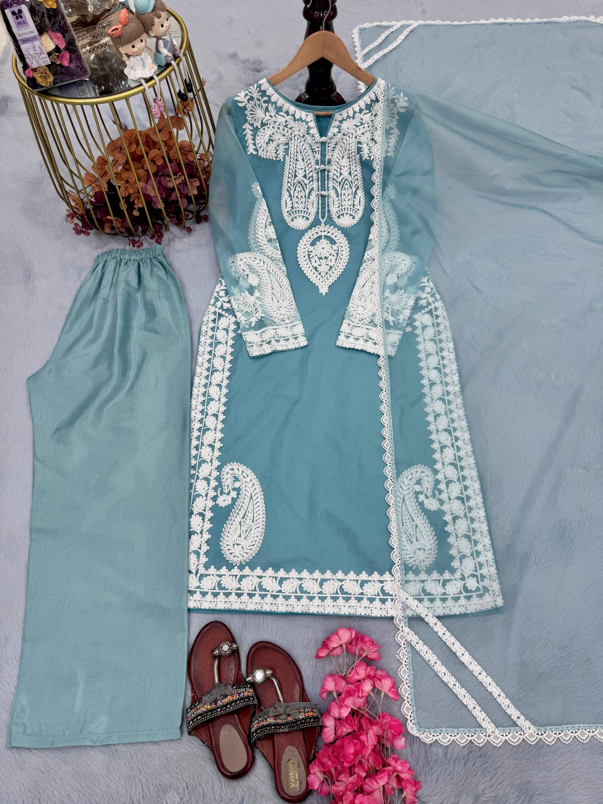 Pastel Blue Chikankari Embroidered Kurta Palazzo Set with Dupatta