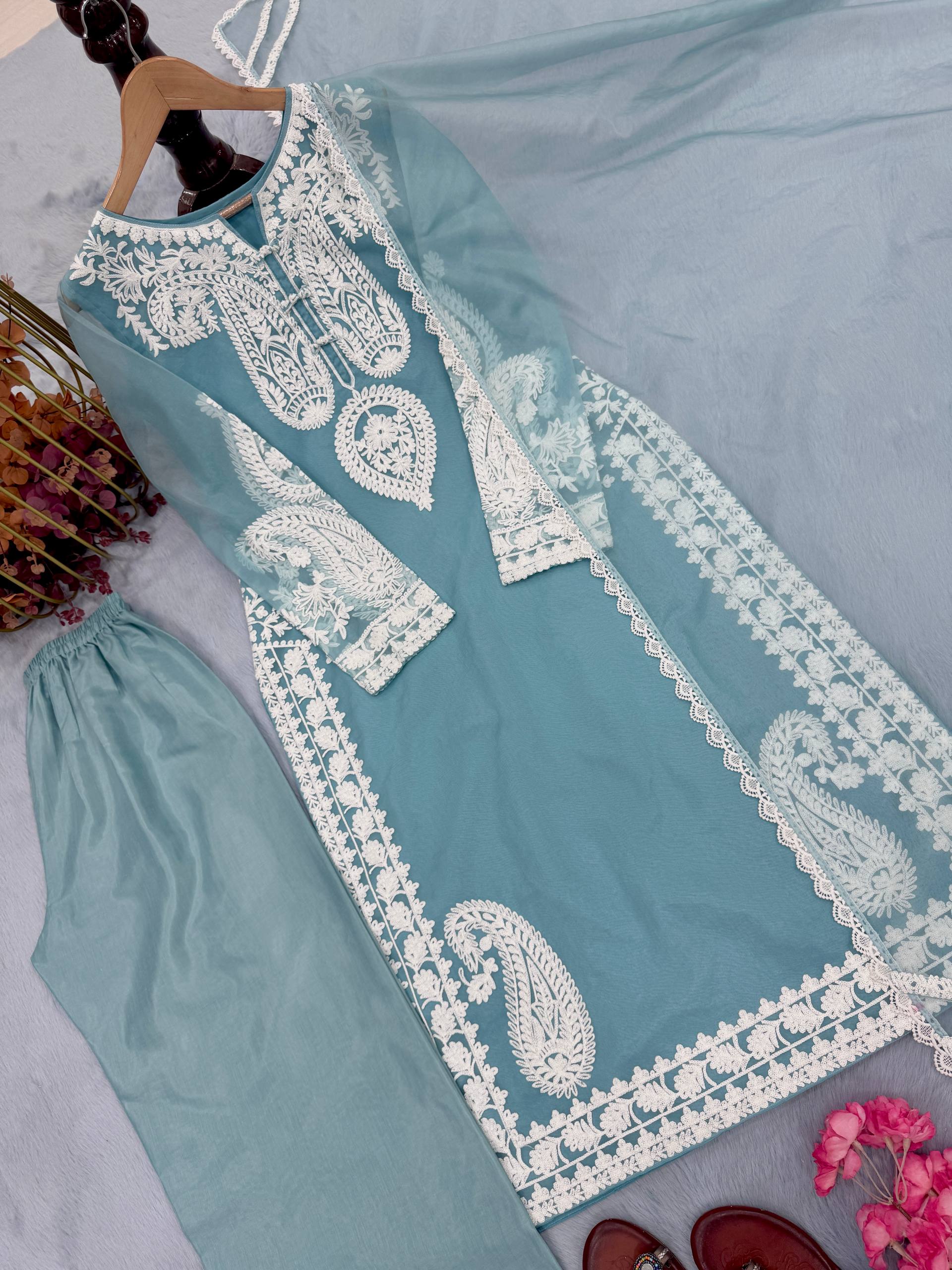 Pastel Blue Chikankari Embroidered Kurta Palazzo Set with Dupatta
