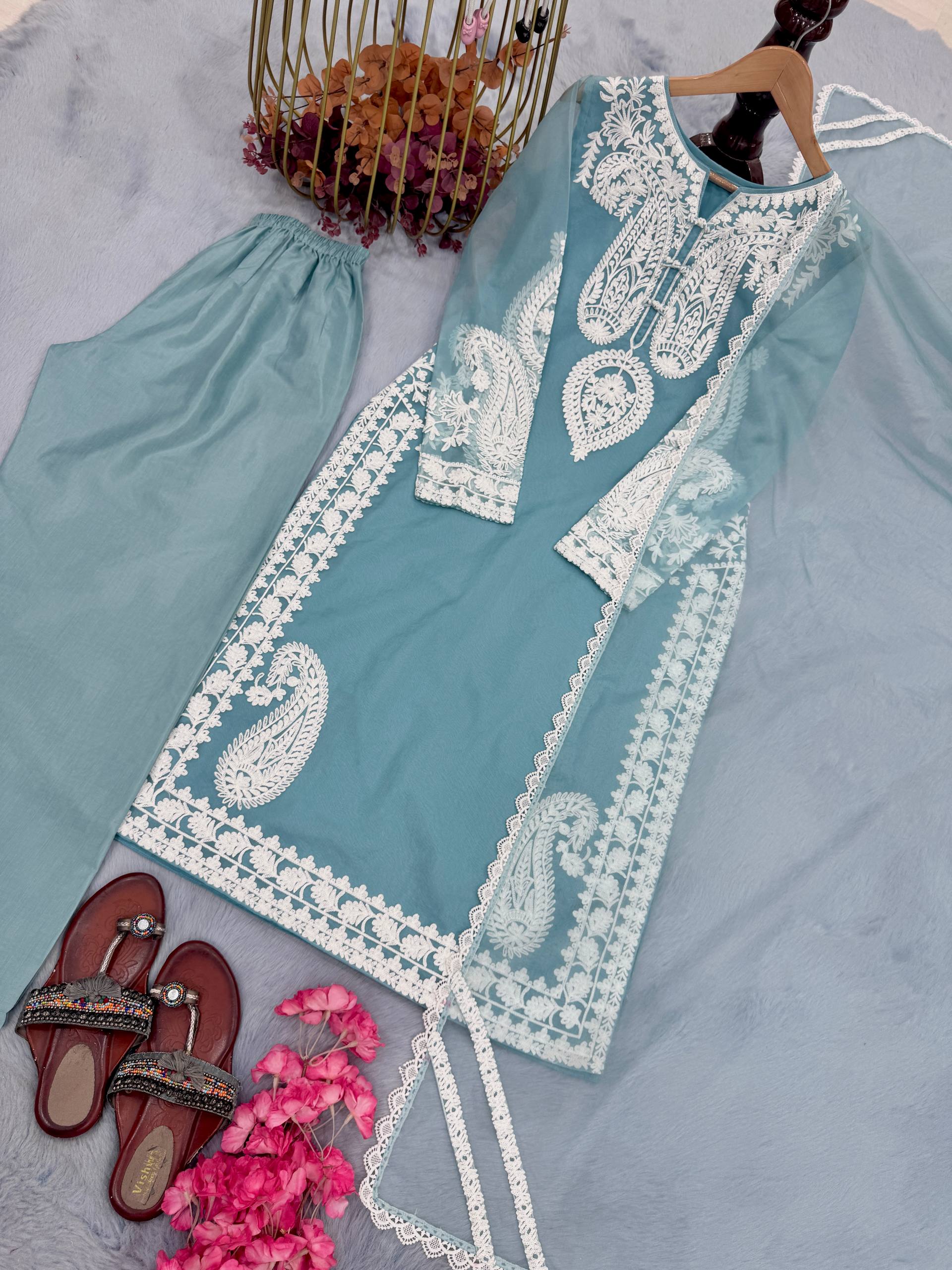 Pastel Blue Chikankari Embroidered Kurta Palazzo Set with Dupatta