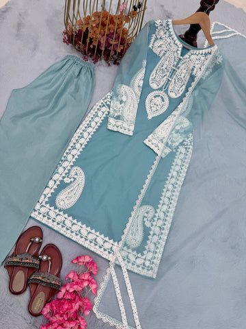 Pastel Blue Chikankari Embroidered Kurta Palazzo Set with Dupatta