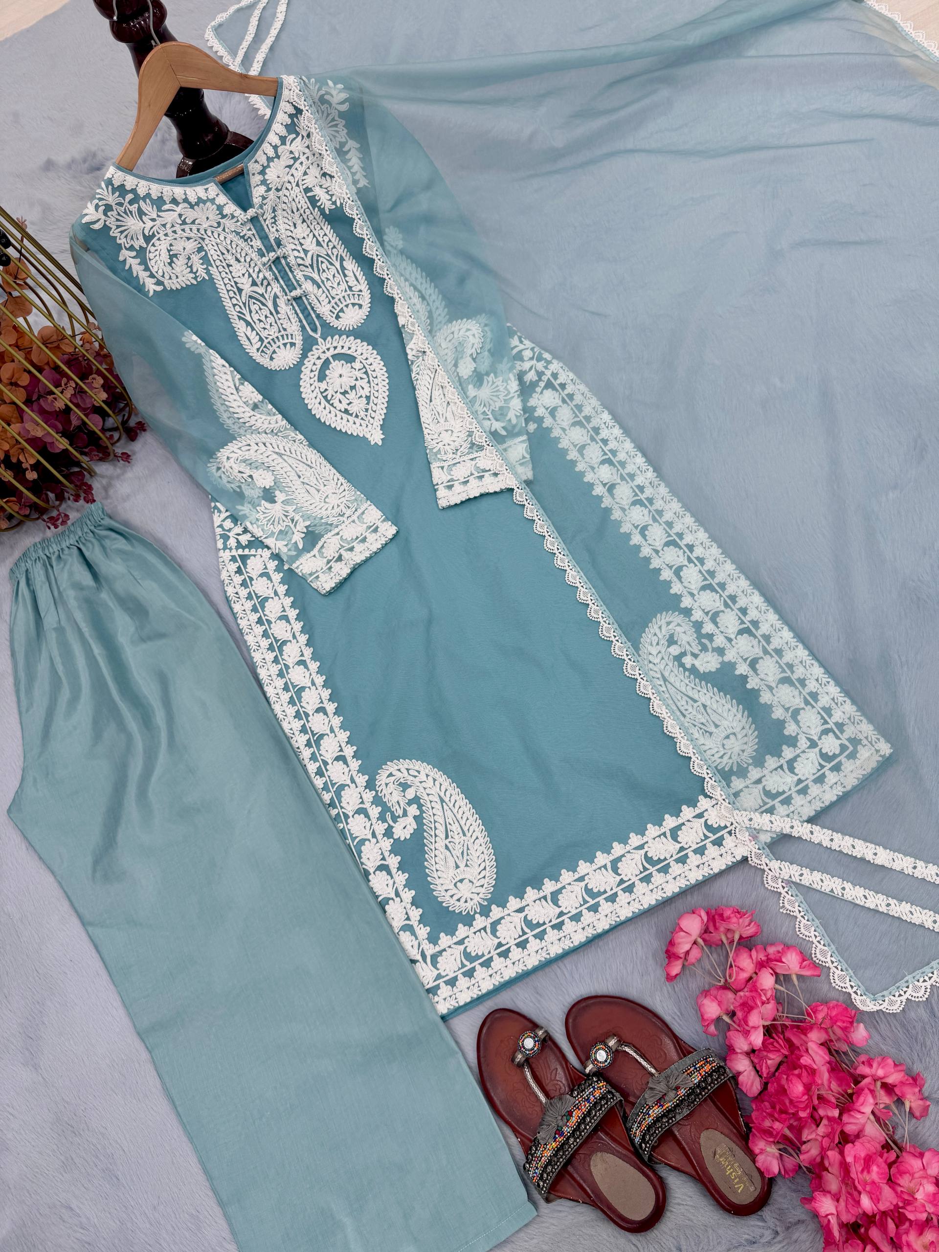Pastel Blue Chikankari Embroidered Kurta Palazzo Set with Dupatta