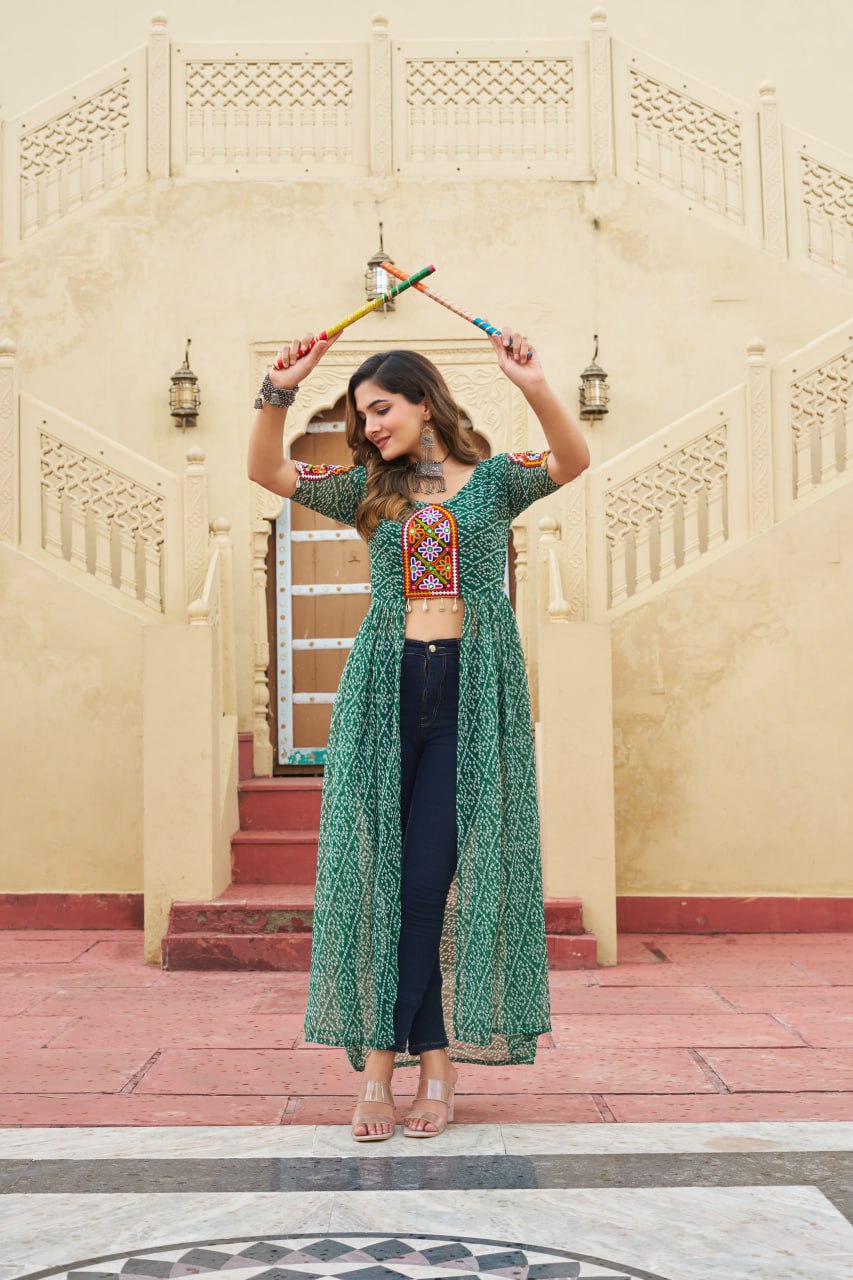 Traditional Bandhani Print Kutchi Work Front Open Kurti for Women