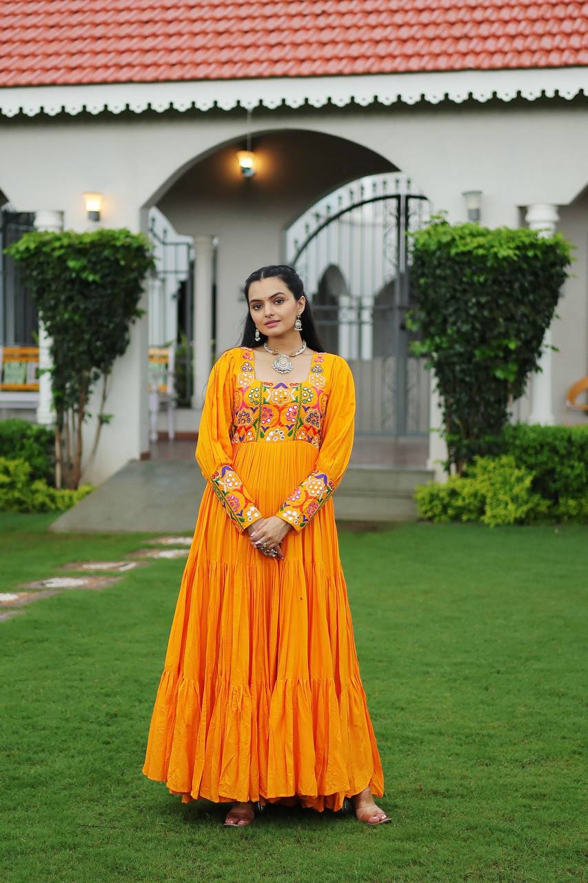 Glamorous Wine Rayon Kutchi Work Navratri Gown For Women