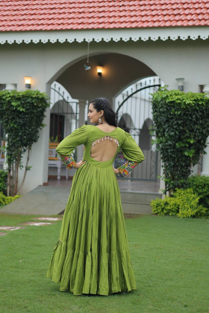 Glamorous Wine Rayon Kutchi Work Navratri Gown For Women