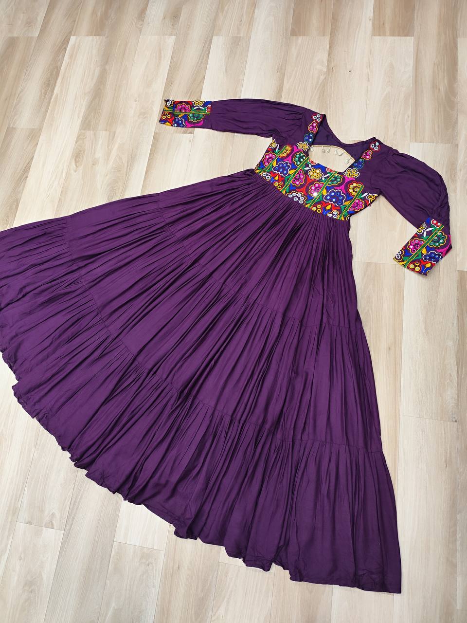 Glamorous Wine Rayon Kutchi Work Navratri Gown For Women