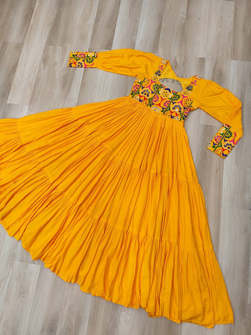 Glamorous Wine Rayon Kutchi Work Navratri Gown For Women