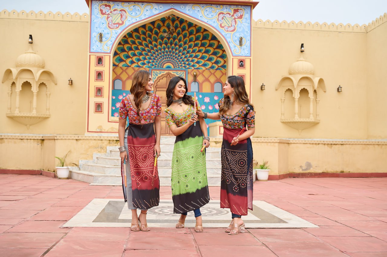 Gujarati Style Bandhani Kurti with Colorful Kutchi Embroidery