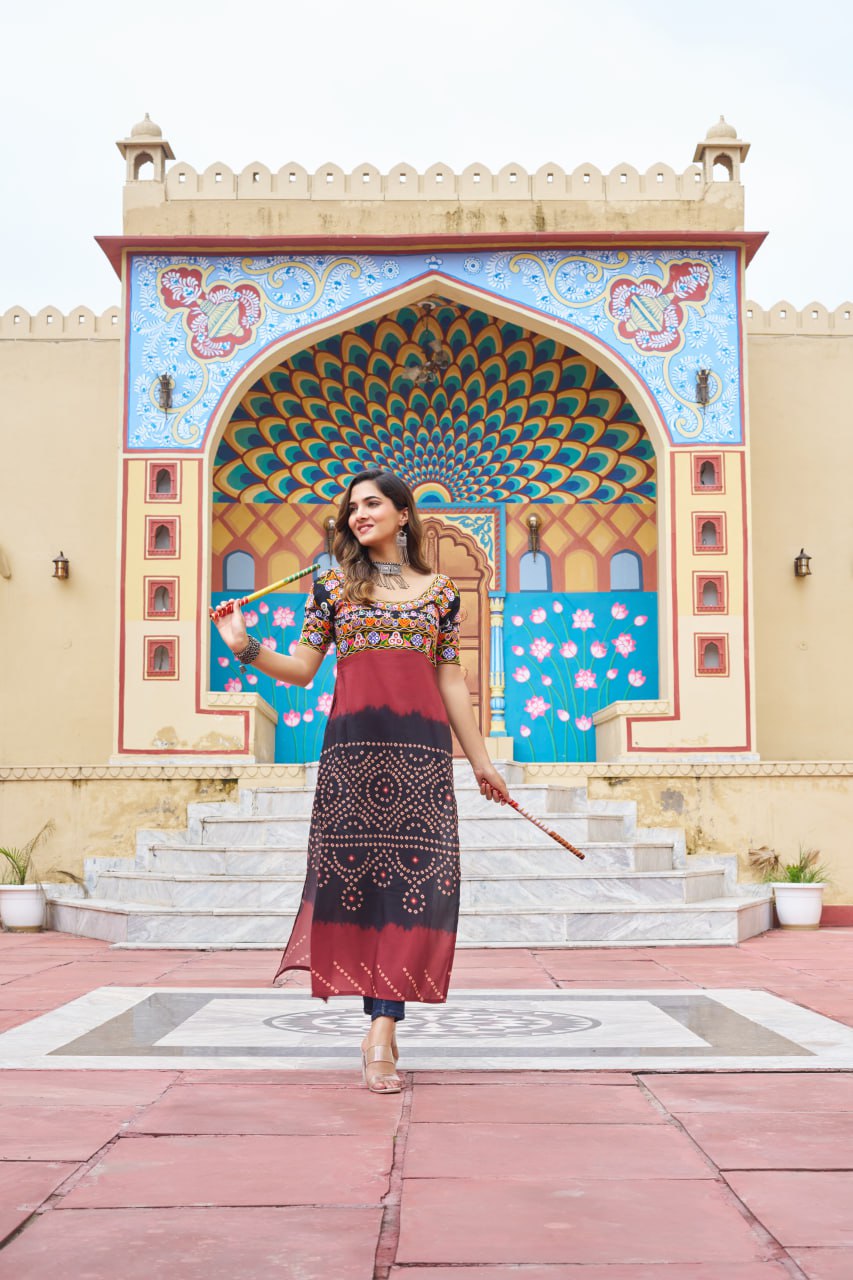 Gujarati Style Bandhani Kurti with Colorful Kutchi Embroidery