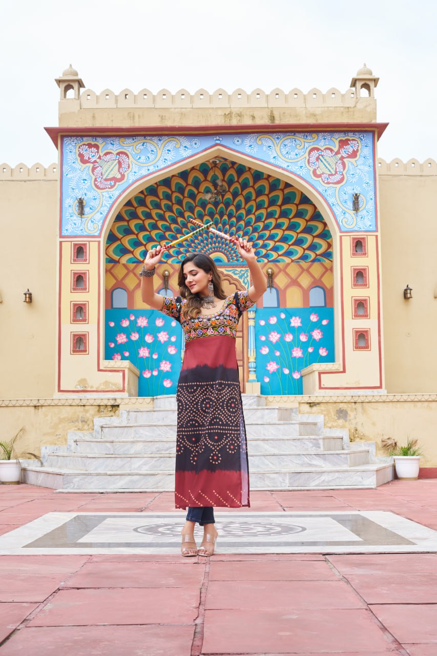 Gujarati Style Bandhani Kurti with Colorful Kutchi Embroidery