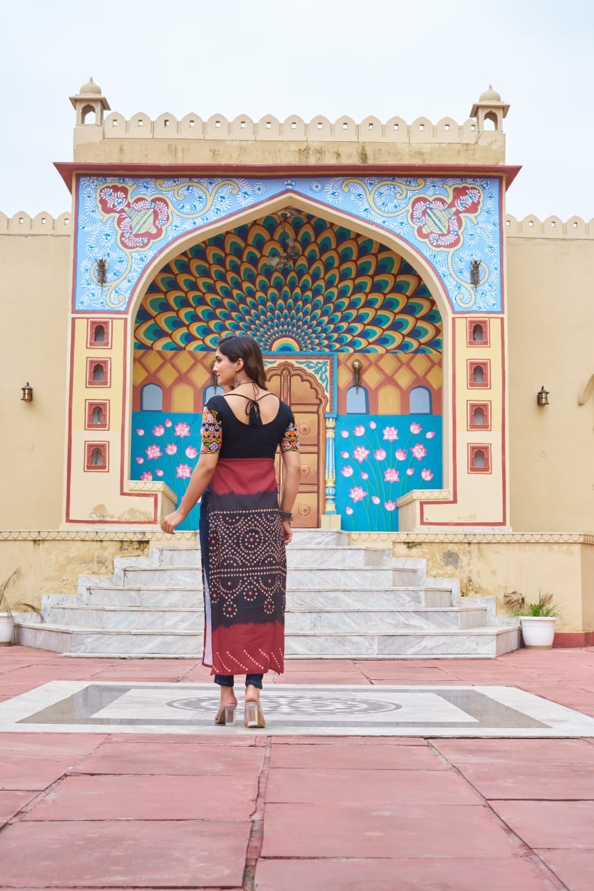 Gujarati Style Bandhani Kurti with Colorful Kutchi Embroidery