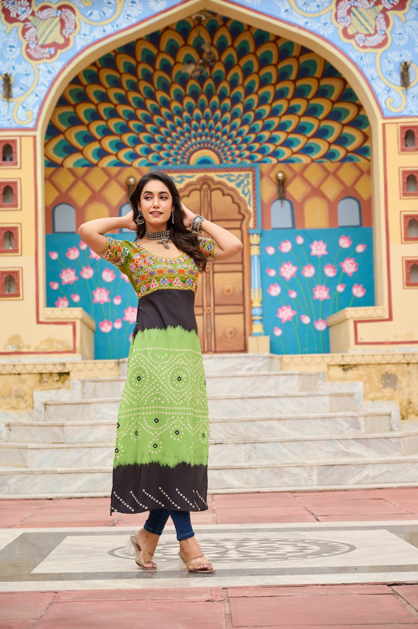 Gujarati Style Bandhani Kurti with Colorful Kutchi Embroidery