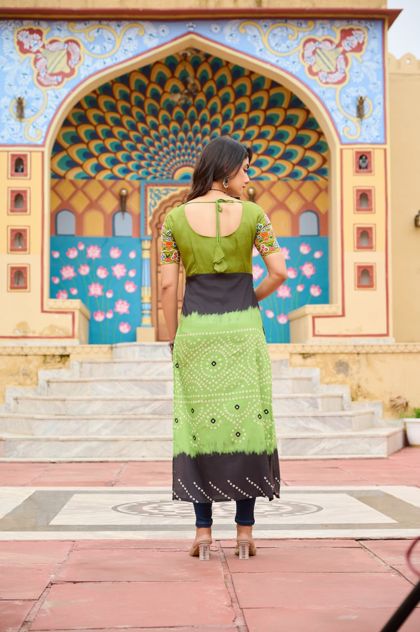 Gujarati Style Bandhani Kurti with Colorful Kutchi Embroidery