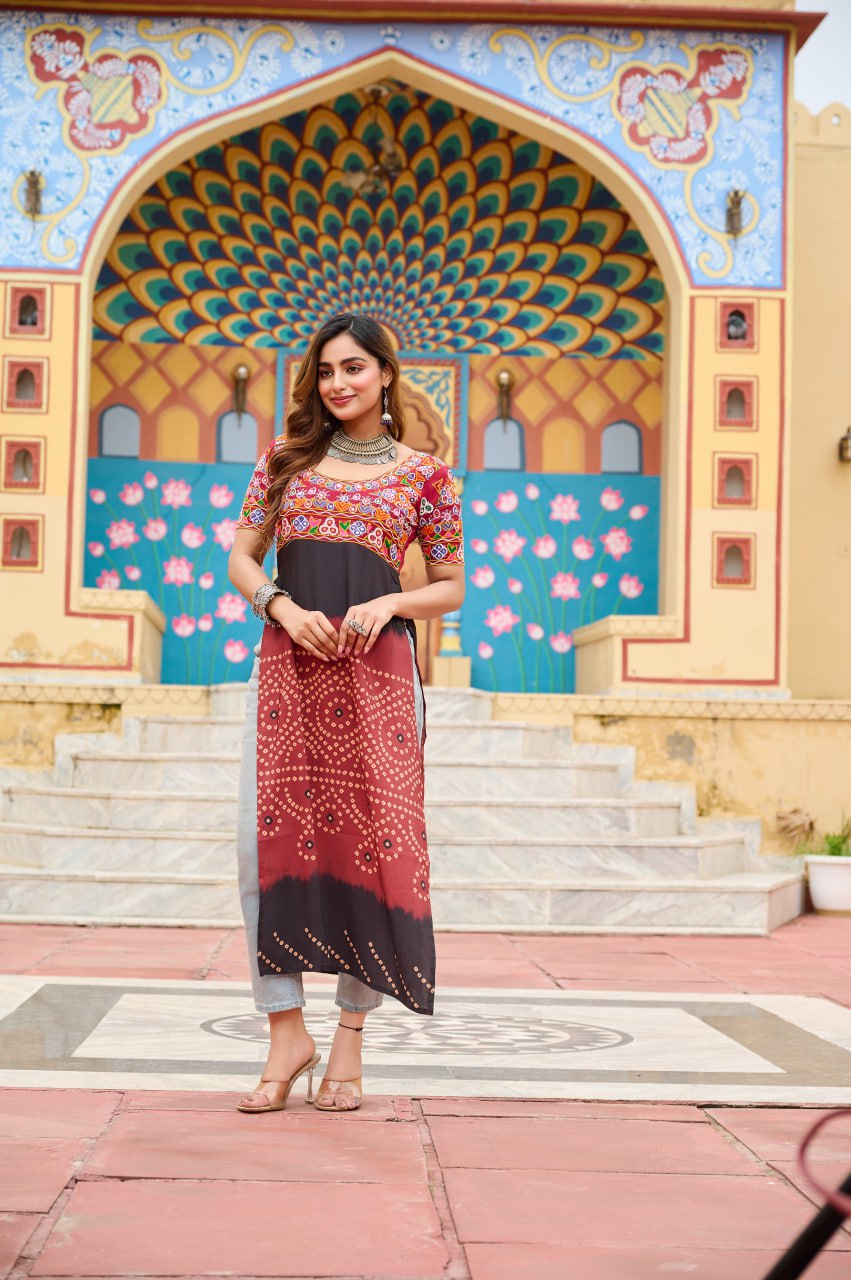 Gujarati Style Bandhani Kurti with Colorful Kutchi Embroidery