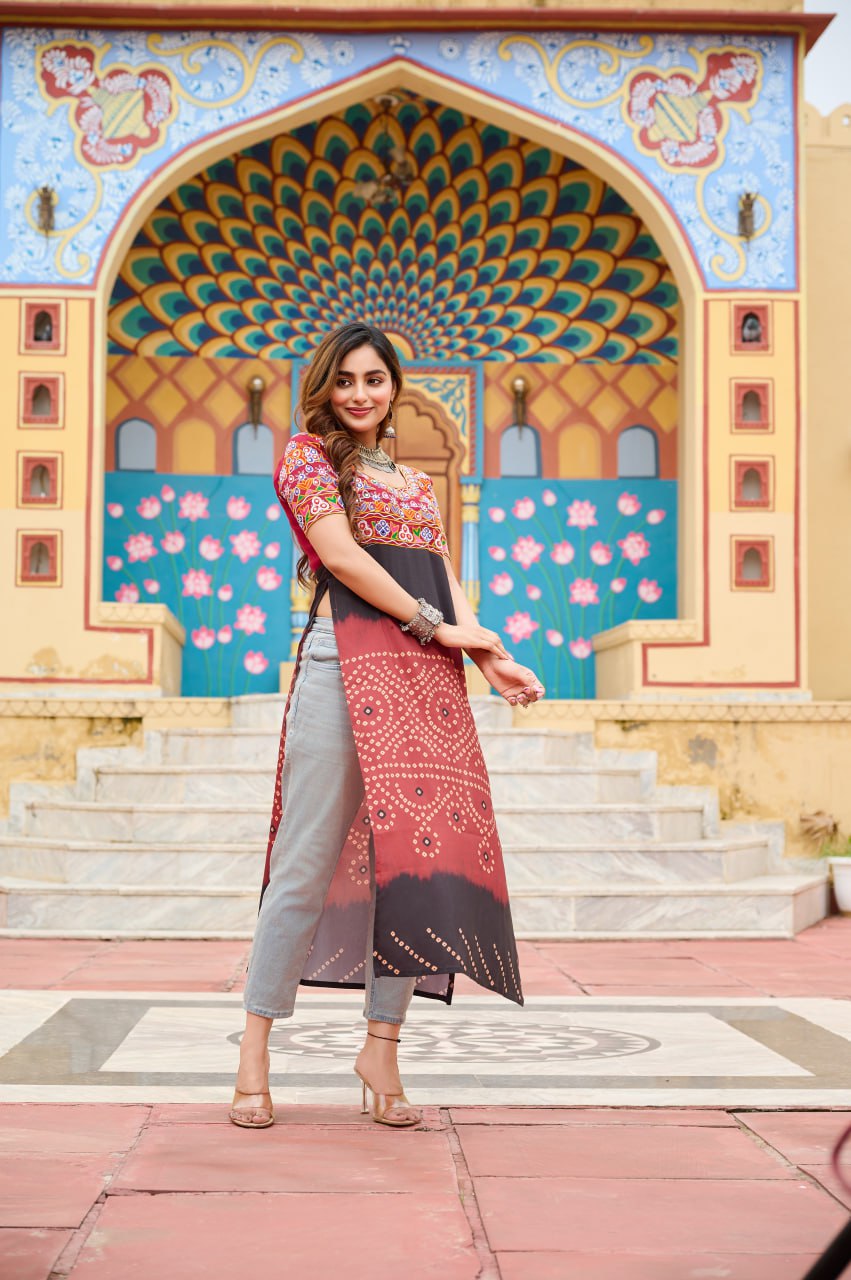 Gujarati Style Bandhani Kurti with Colorful Kutchi Embroidery