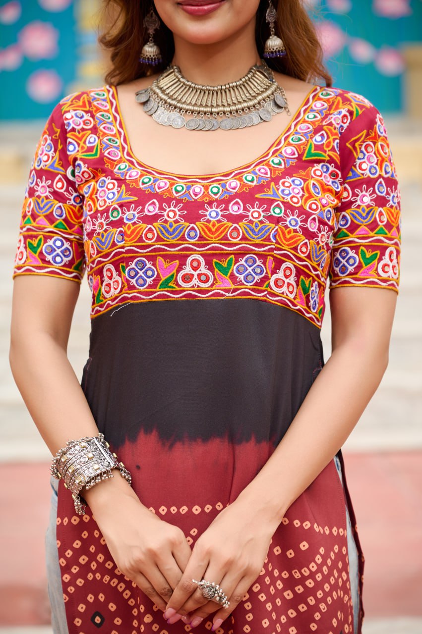 Gujarati Style Bandhani Kurti with Colorful Kutchi Embroidery
