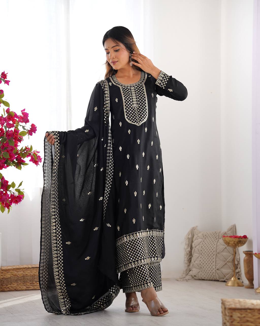Festive Wear Black Sequins Chinon Silk Palazzo Suit With Dupatta