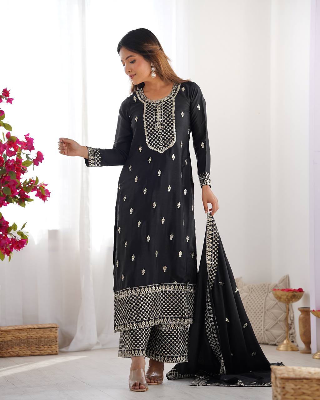 Festive Wear Black Sequins Chinon Silk Palazzo Suit With Dupatta