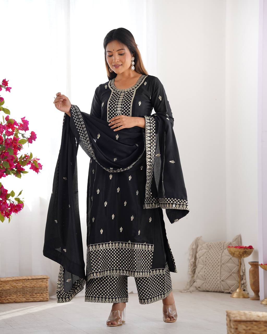 Festive Wear Black Sequins Chinon Silk Palazzo Suit With Dupatta