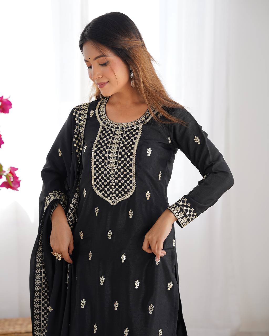 Festive Wear Black Sequins Chinon Silk Palazzo Suit With Dupatta