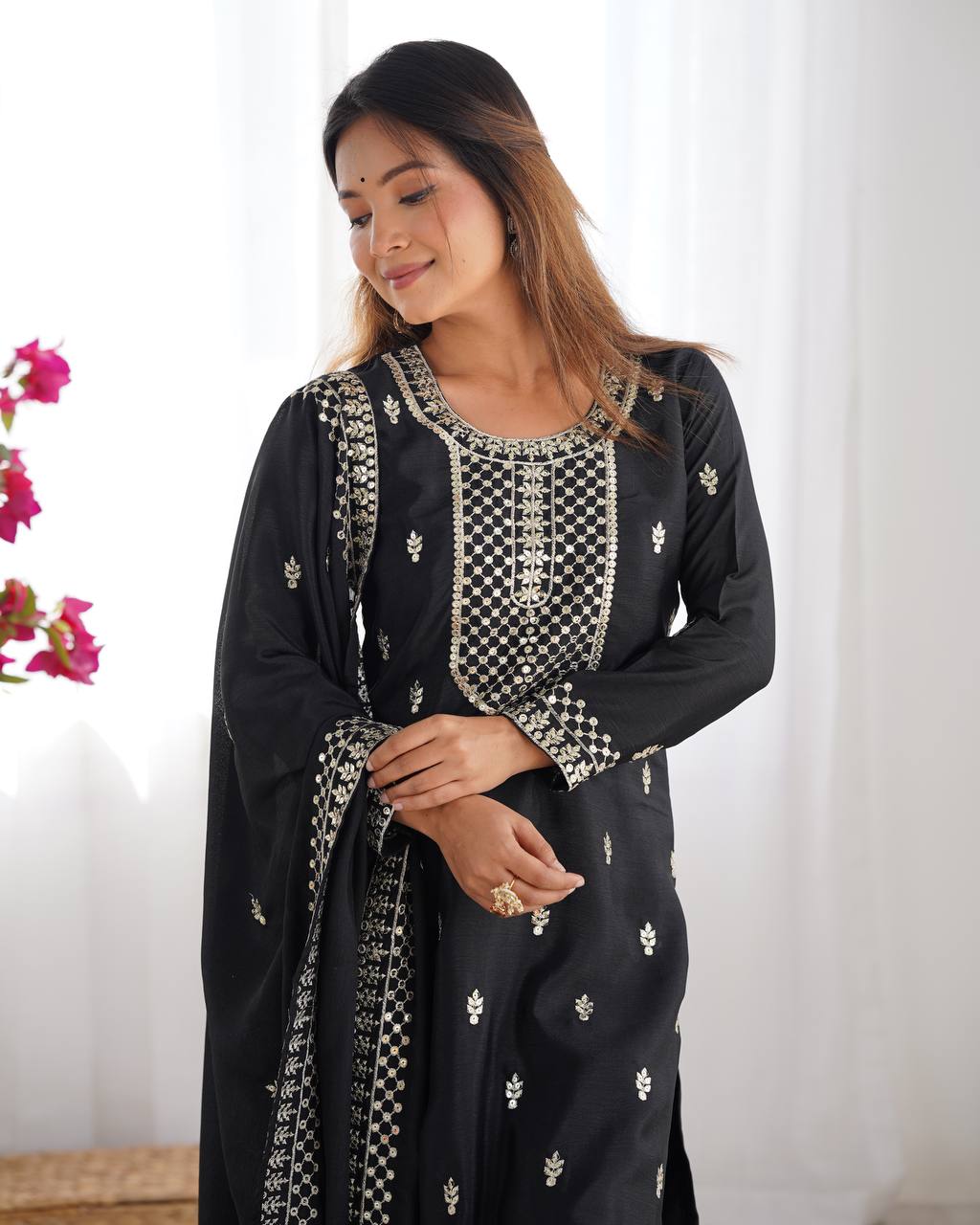 Festive Wear Black Sequins Chinon Silk Palazzo Suit With Dupatta