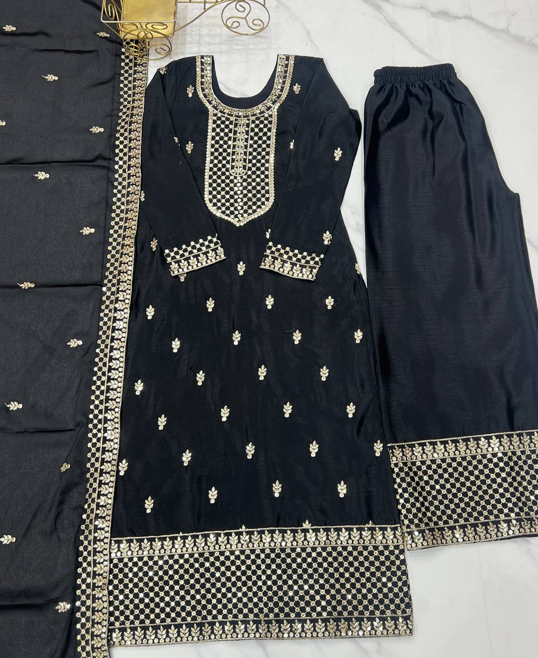 Festive Wear Black Sequins Chinon Silk Palazzo Suit With Dupatta