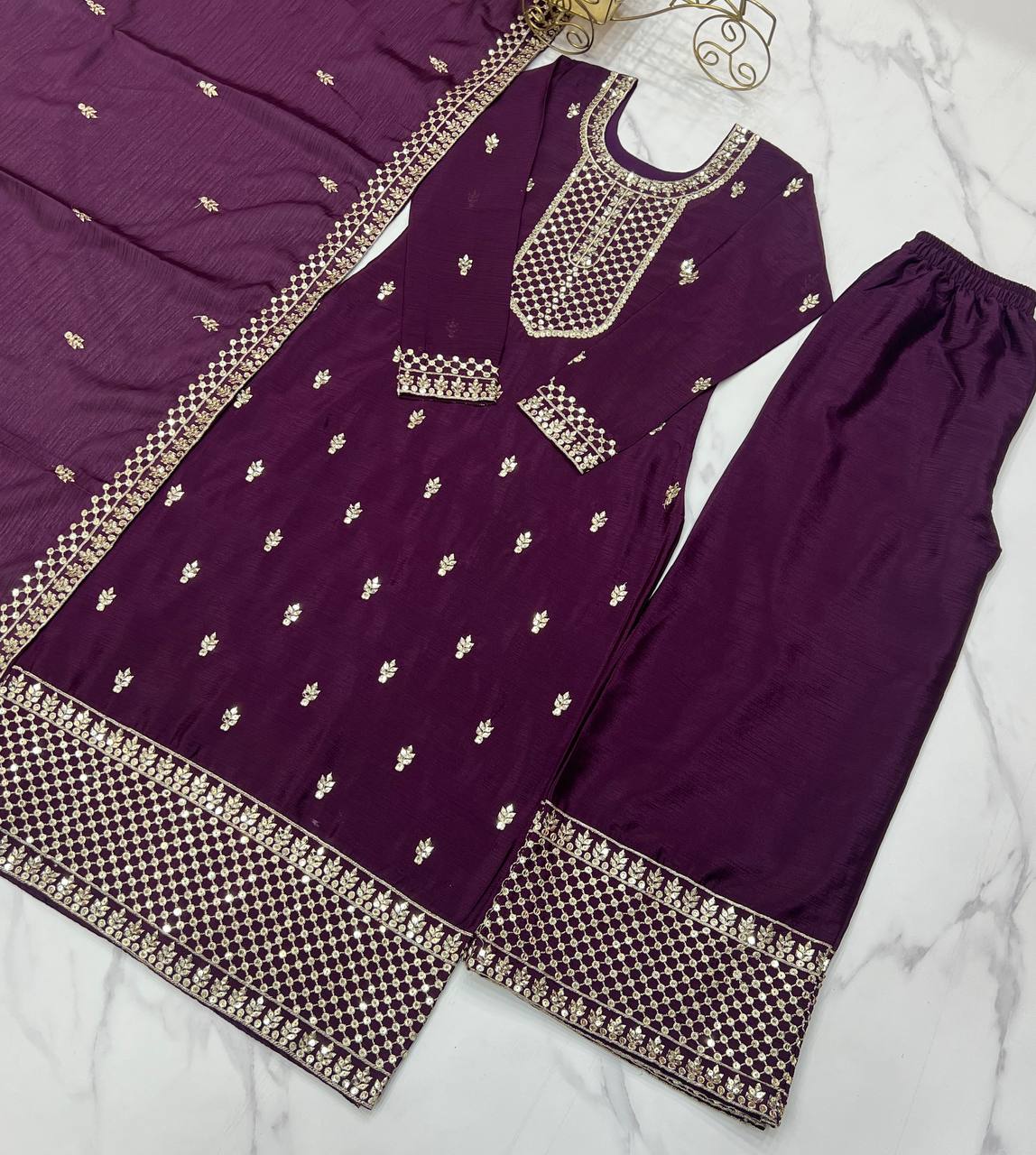 Stylish Wine Heavy Sequins Chinon Silk Party Wear Suit Form Women